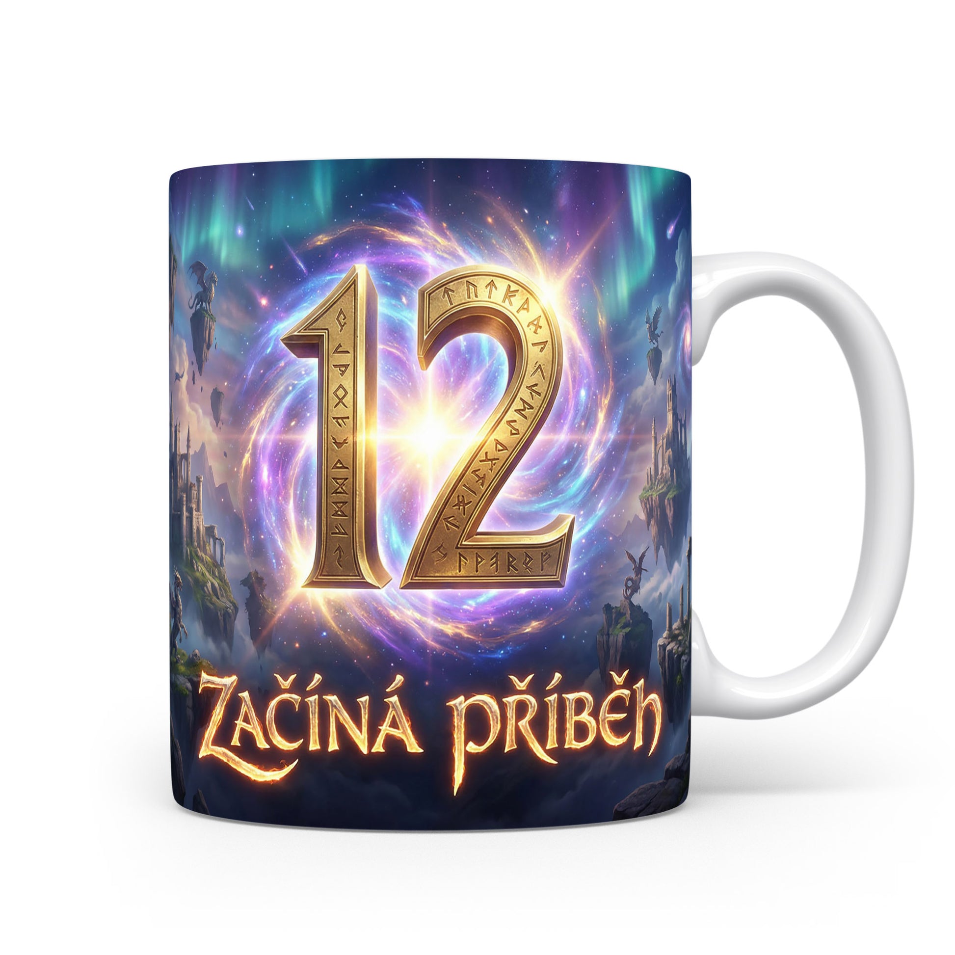 Hrnček s číslem 12 a nápisem ZAČÍNÁ PŘÍBĚH