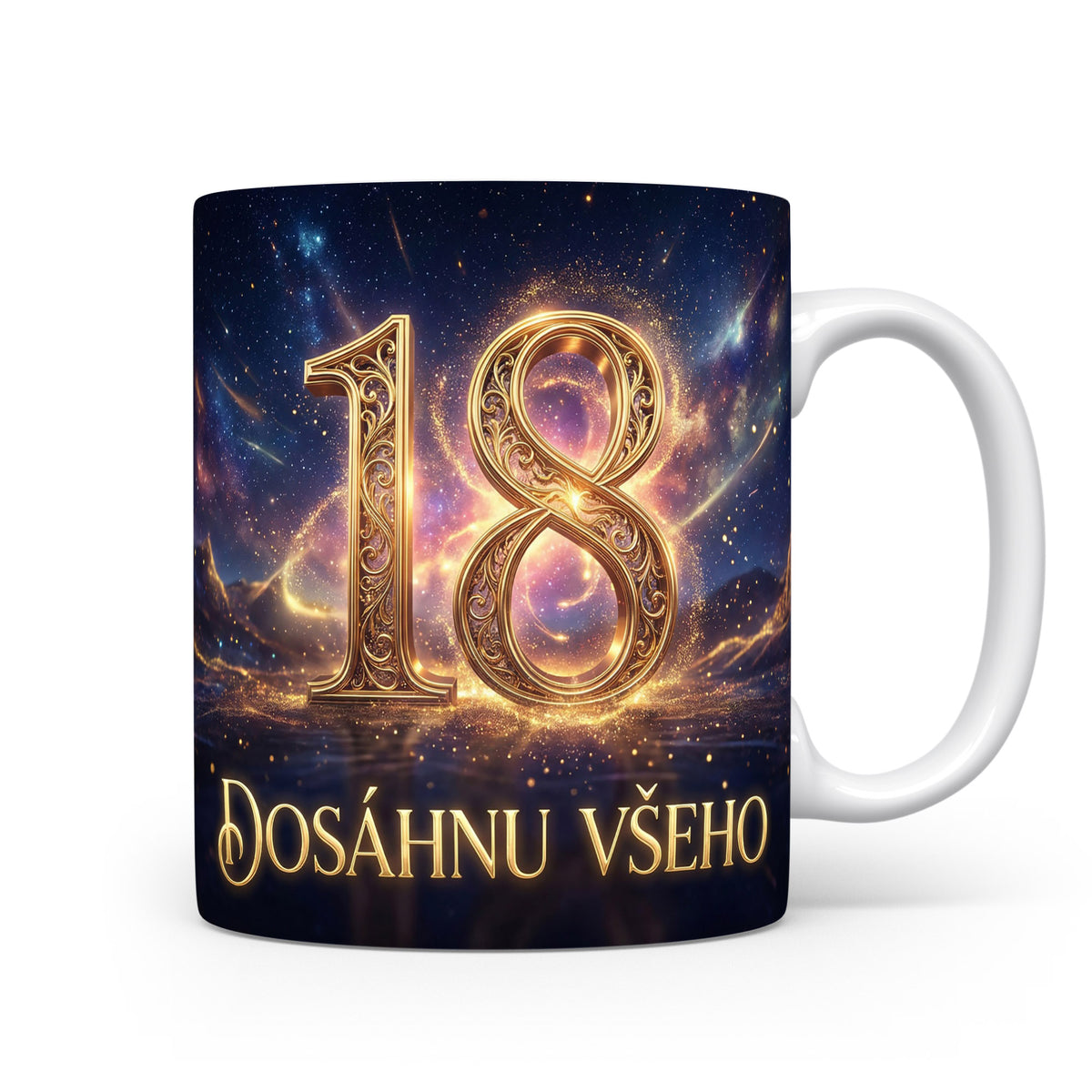 Hrnček s číslem 18 a sloganem Dosáhnu všeho