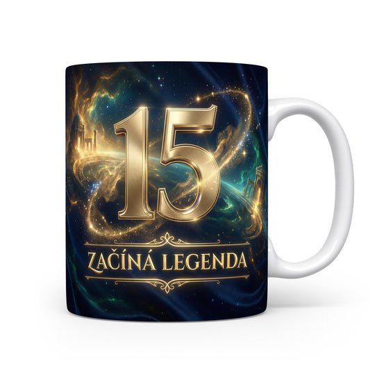 Hrnček s číslem 15 a nápisem ZAČÍNÁ LEGENDA
