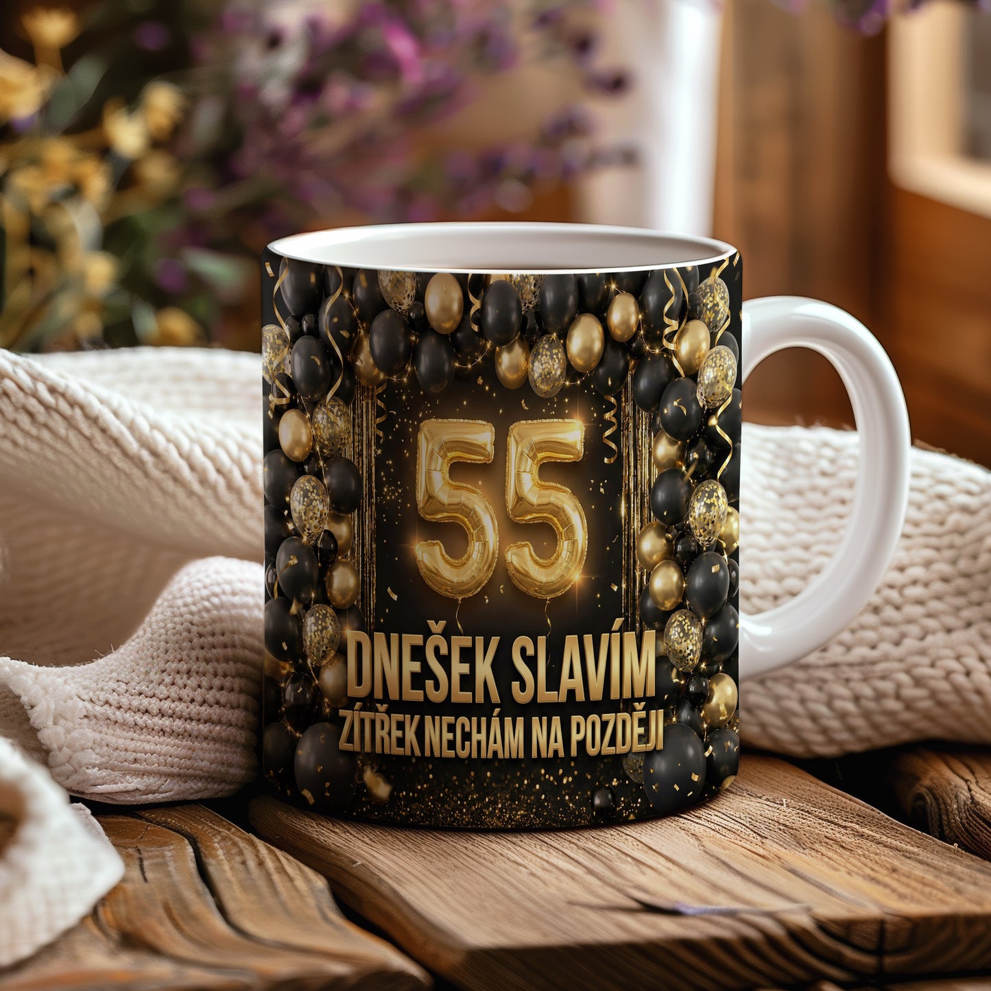 Narozeninový hrnek 55 let – DNEŠEK SLAVÍM, ZÍTŘEK NECHÁM NA POZDĚJI