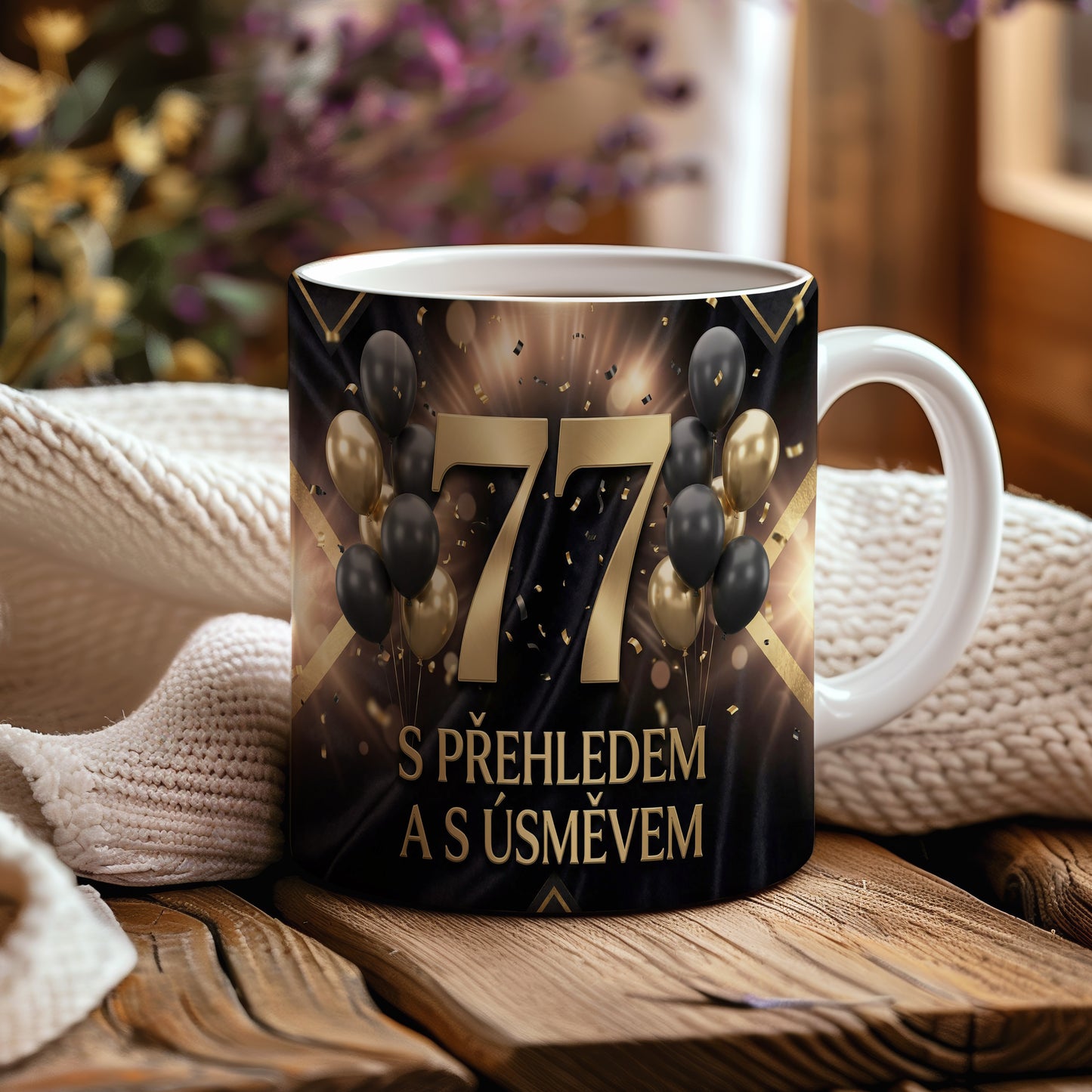 Narozeninový hrnek 77 let – S PŘEHLEDEM A S ÚSMĚVEM
