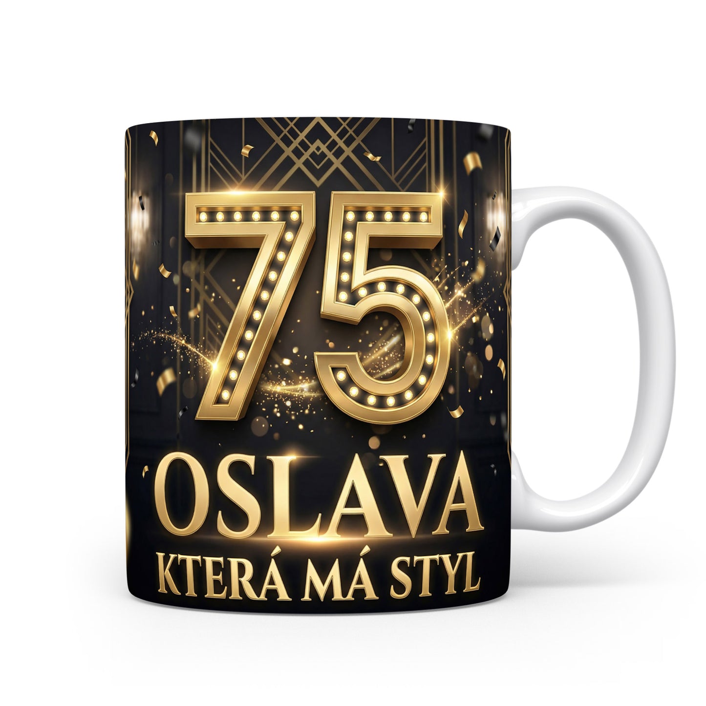 Hrnček s číslem 75 a nápisem OSLAVA KTERÁ MÁ STYL