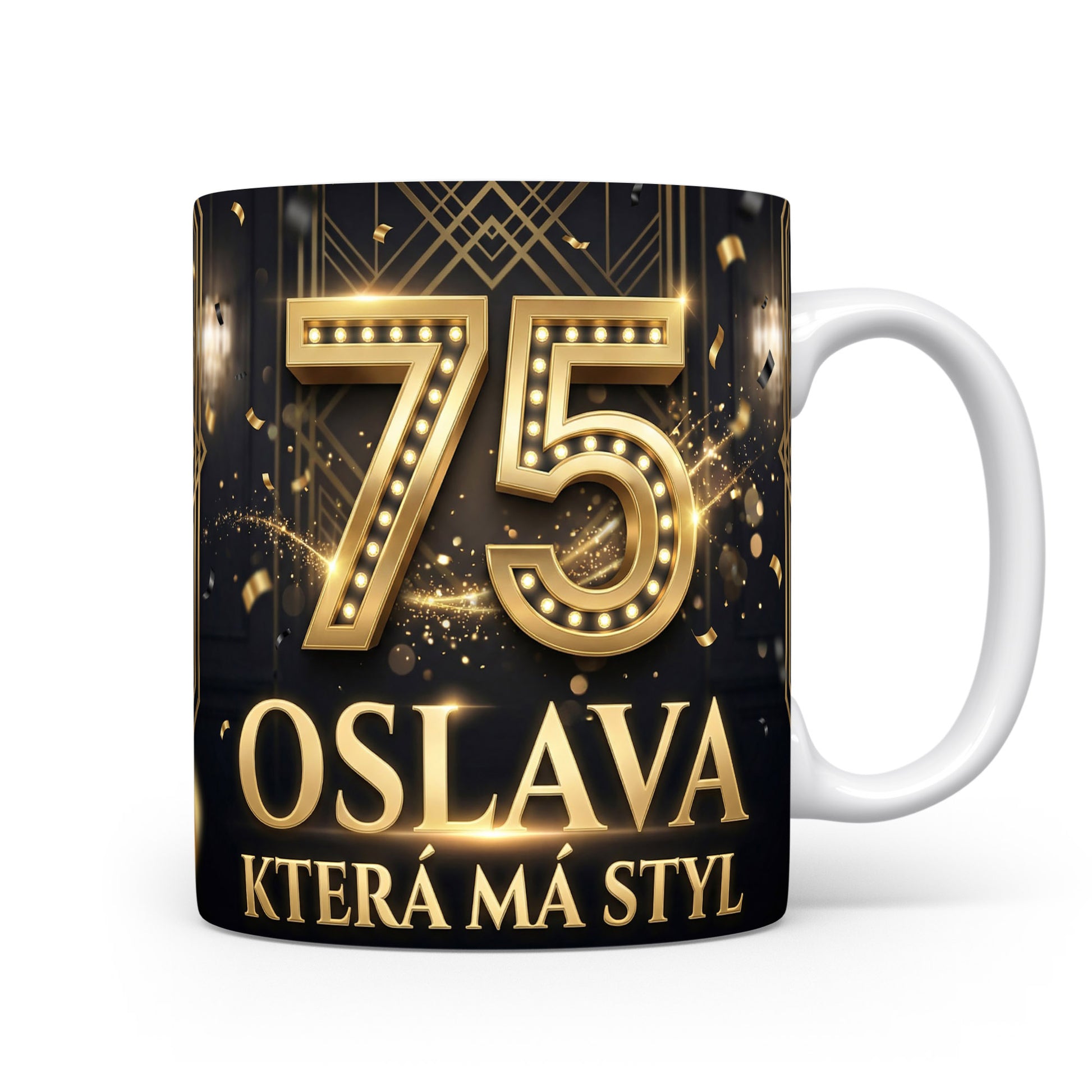 Hrnček s číslem 75 a nápisem OSLAVA KTERÁ MÁ STYL