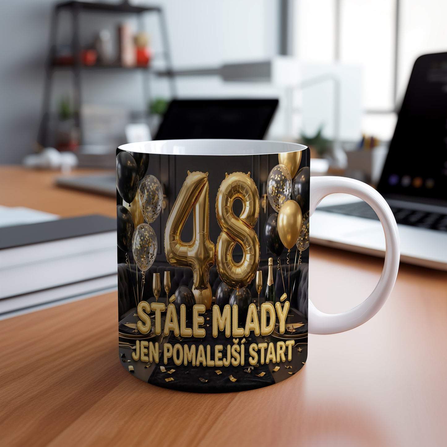 Narozeninový hrnek 48 let – STÁLE MLADÝ, JEN POMALEJŠÍ START