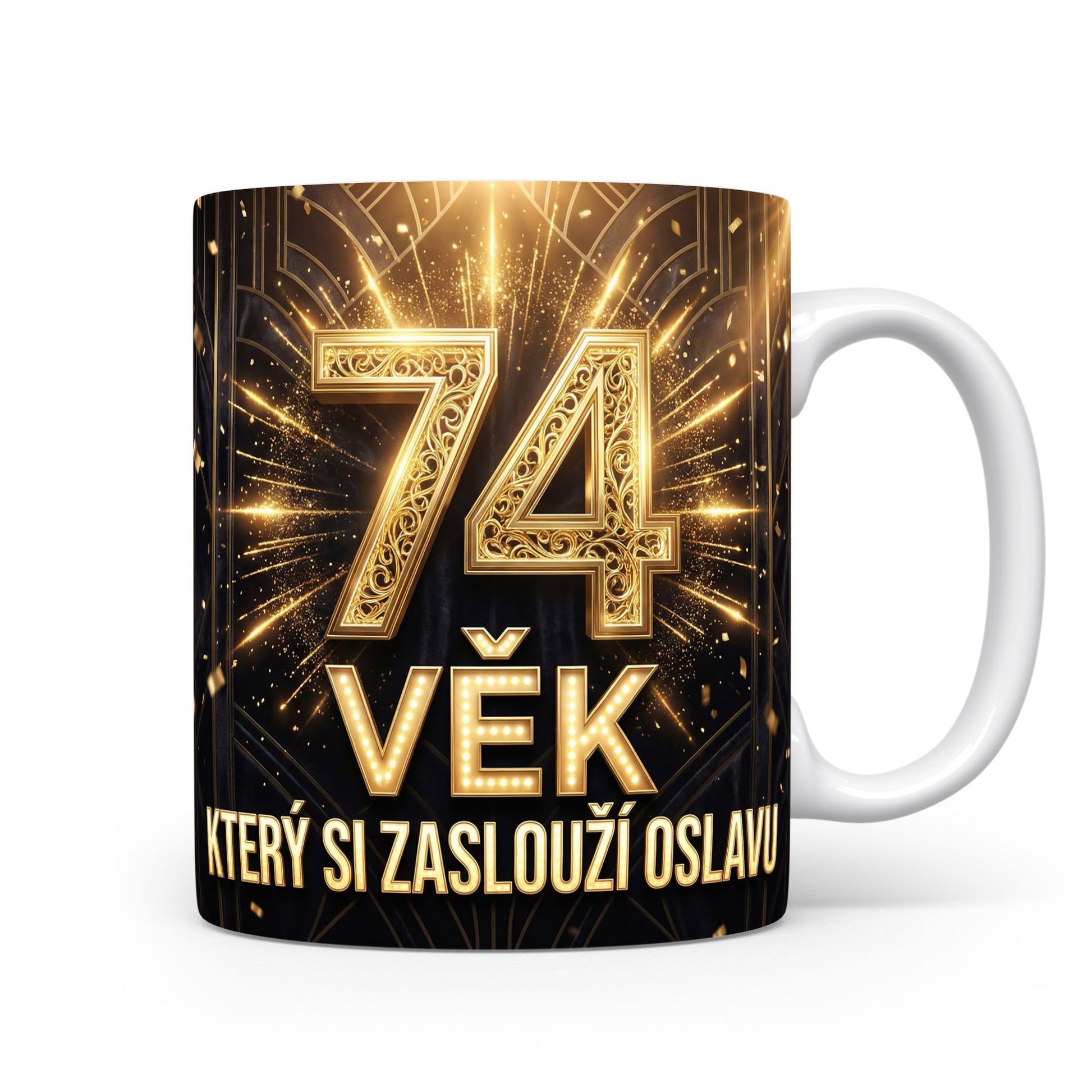 Hrnček s věkem 74 a nápisem VĚK, KTERÝ SI ZASLOUŽÍ OSLAVU