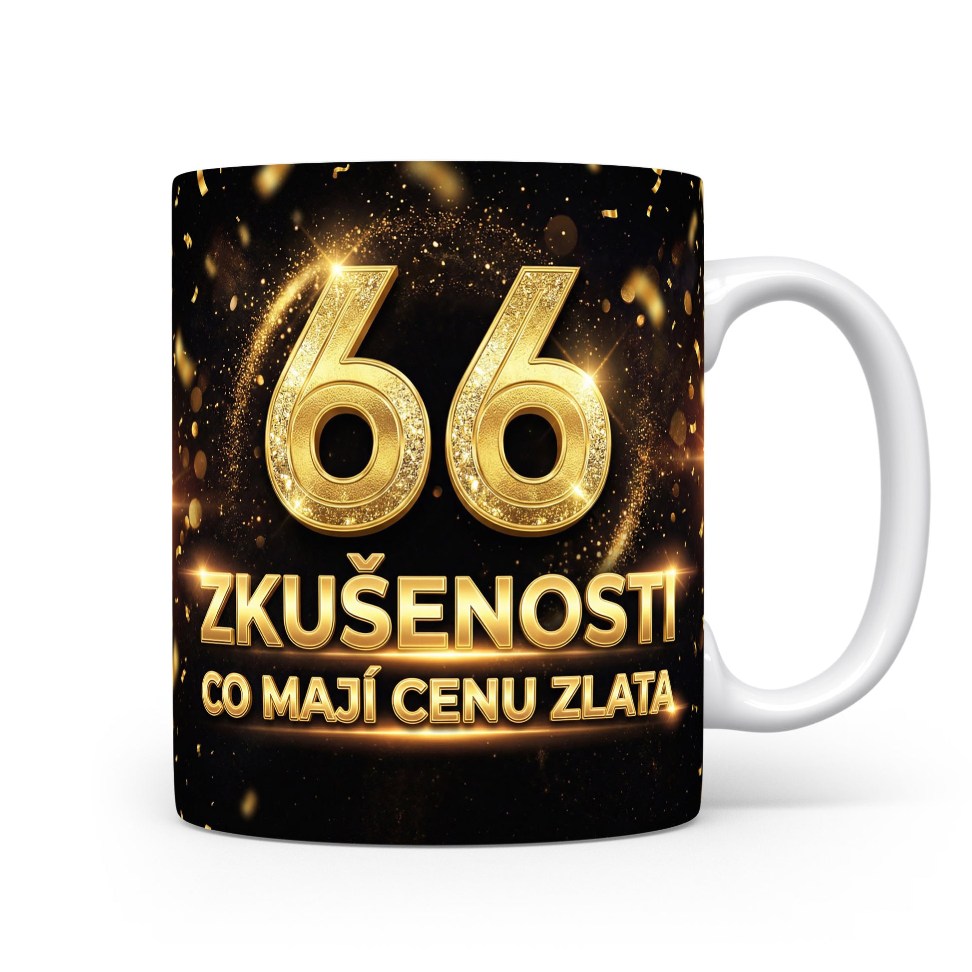Hrnček s číslem 66 a nápisem ZKUŠENOSTI CO MAJÍ CENU ZLATA
