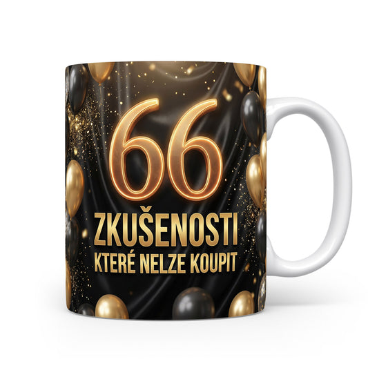 Hrnček s číslem 66 a nápisem ZKUŠENOSTI, KTERÉ NELZE KOUPIT
