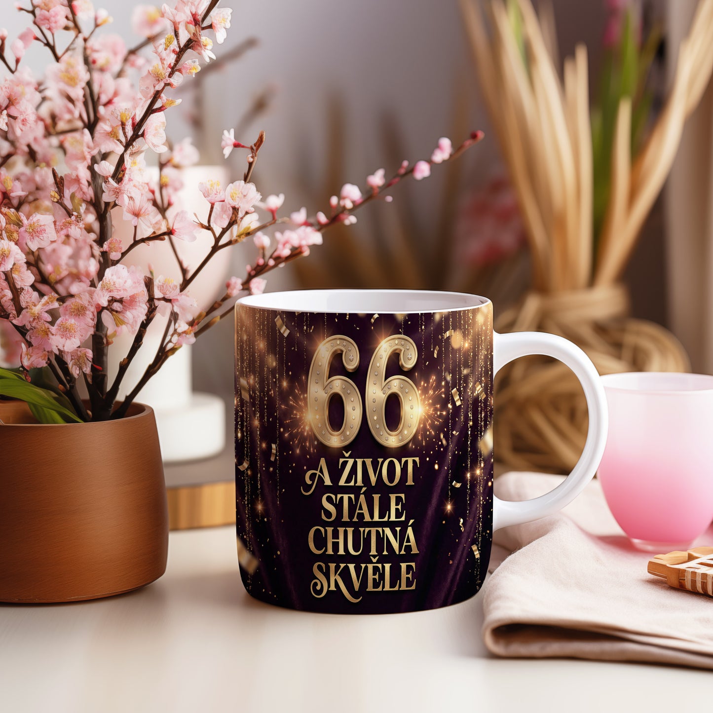 Narozeninový hrnek 66 let – A ŽIVOT STÁLE CHUTNÁ SKVĚLE
