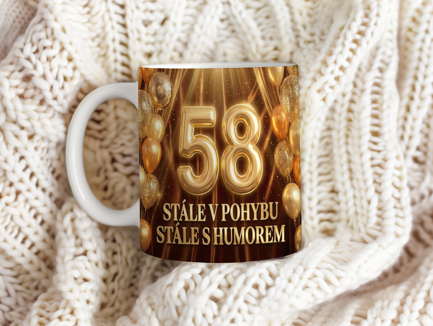 Narozeninový hrnek 58 let – STÁLE V POHYBU STÁLE S HUMOREM