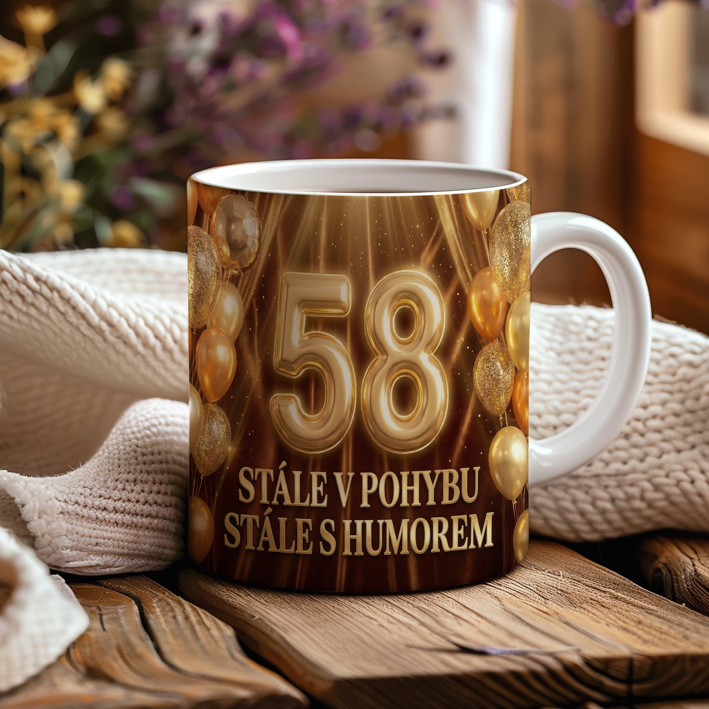 Narozeninový hrnek 58 let – STÁLE V POHYBU STÁLE S HUMOREM