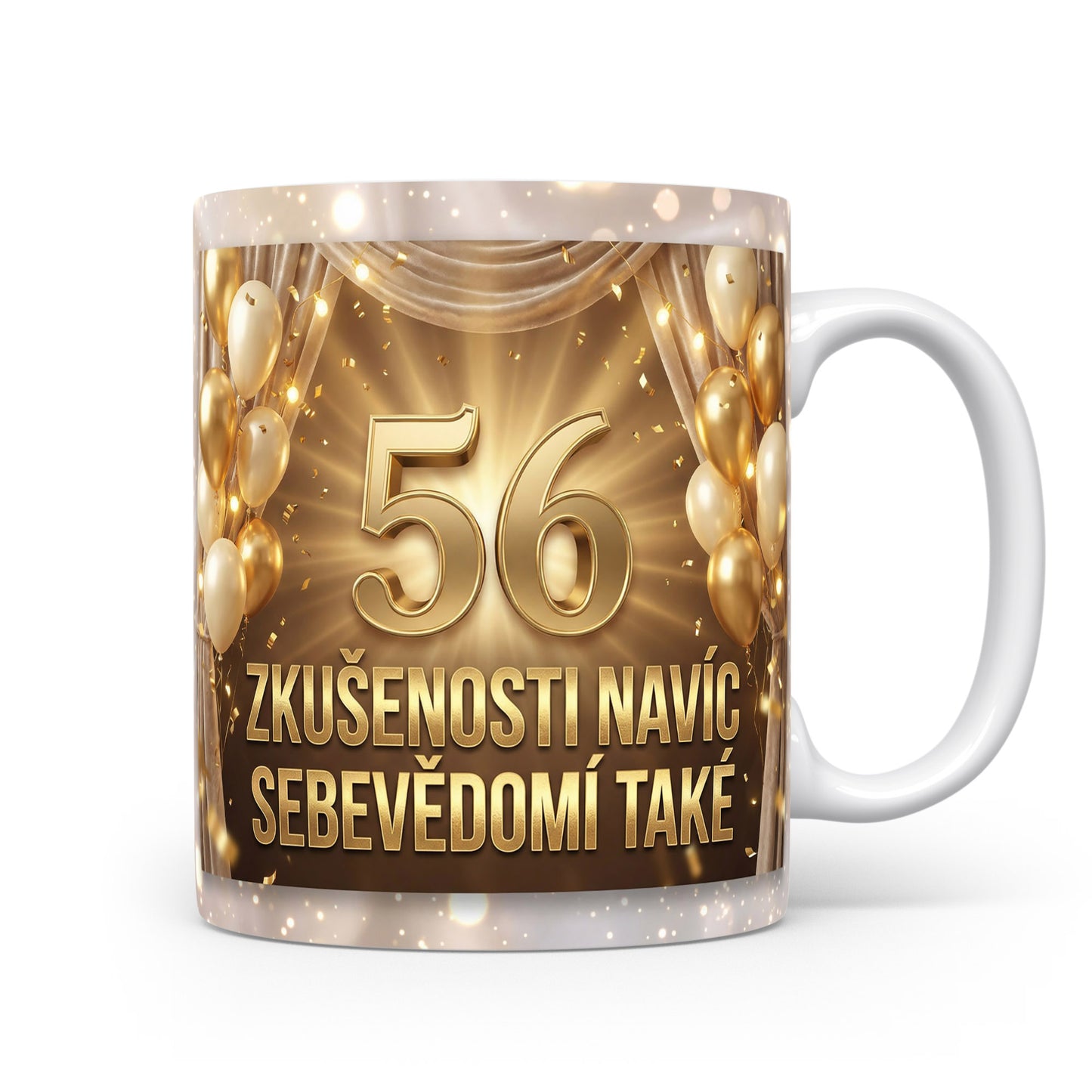 Hrnček s číslem 56 a nápisem ZKUŠENOSTI NAVÍC SEBEVĚDOMÍ TAKÉ