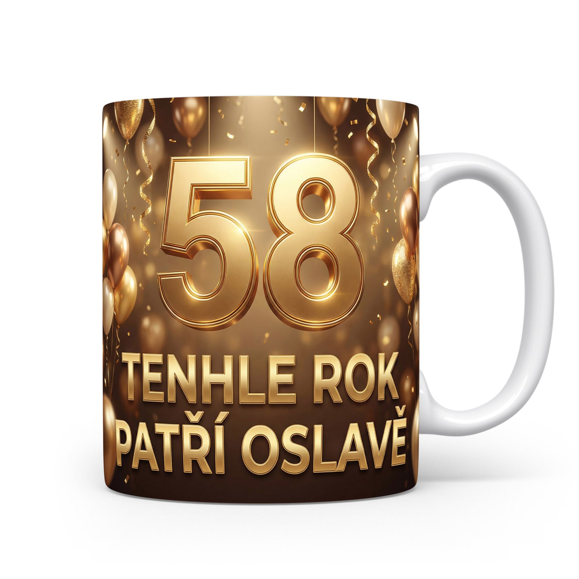 Hnědý hrnek s nápisem 58 TENHLE ROK PATŘÍ OSLAVĚ