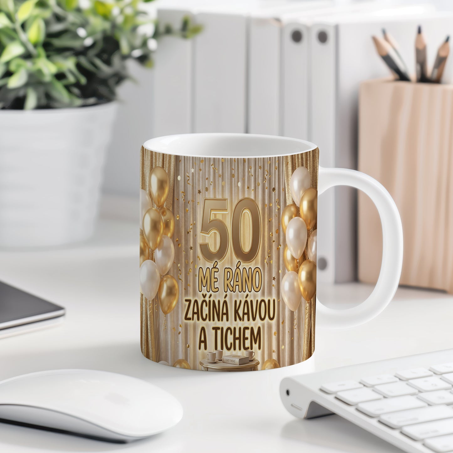 Narozeninový hrnek 50 let – MÉ RÁNO ZAČÍNÁ KÁVOU A TICHEM