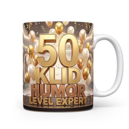 Hrnček s nápisem 50 KLID HUMOR LEVEL EXPERT