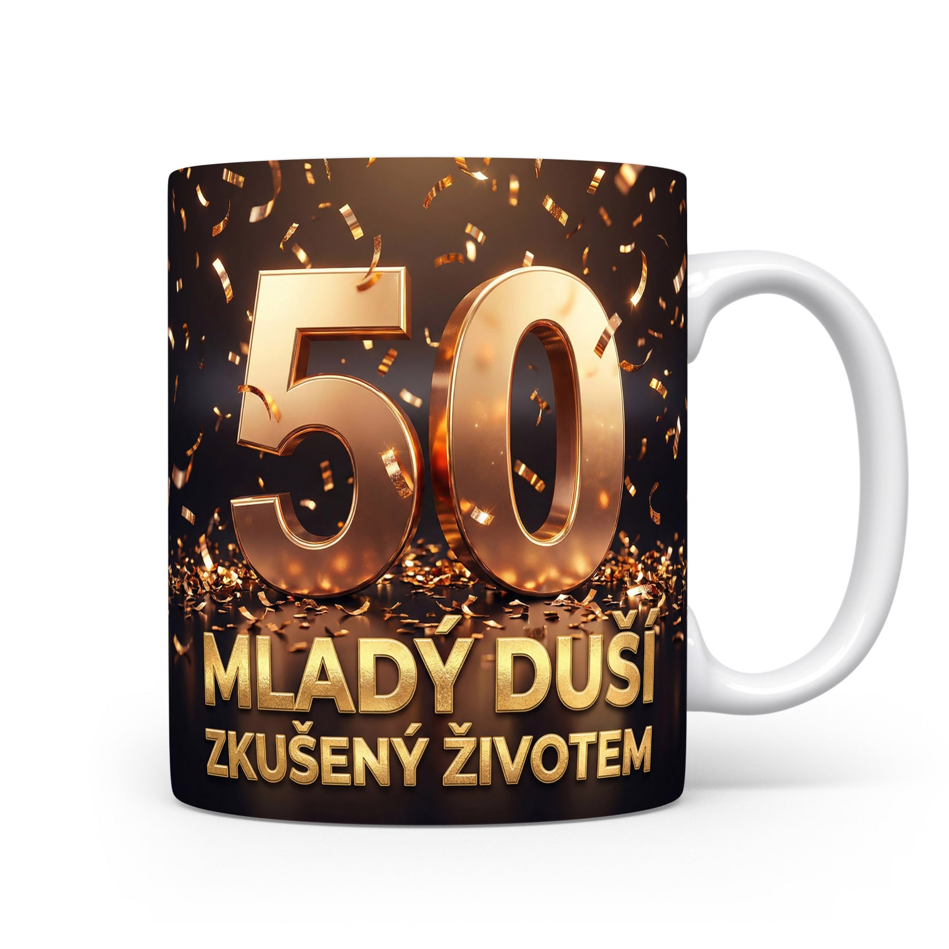 Hrnček s nápisem 50 MLADÝ DUŠÍ ZKUŠENÝ ŽIVOTEM