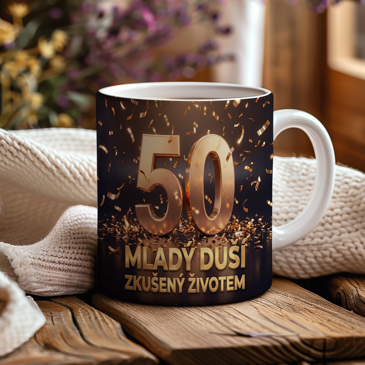 Narozeninový hrnek 50 let – MLADÝ DUŠÍ ZKUŠENÝ ŽIVOTEM