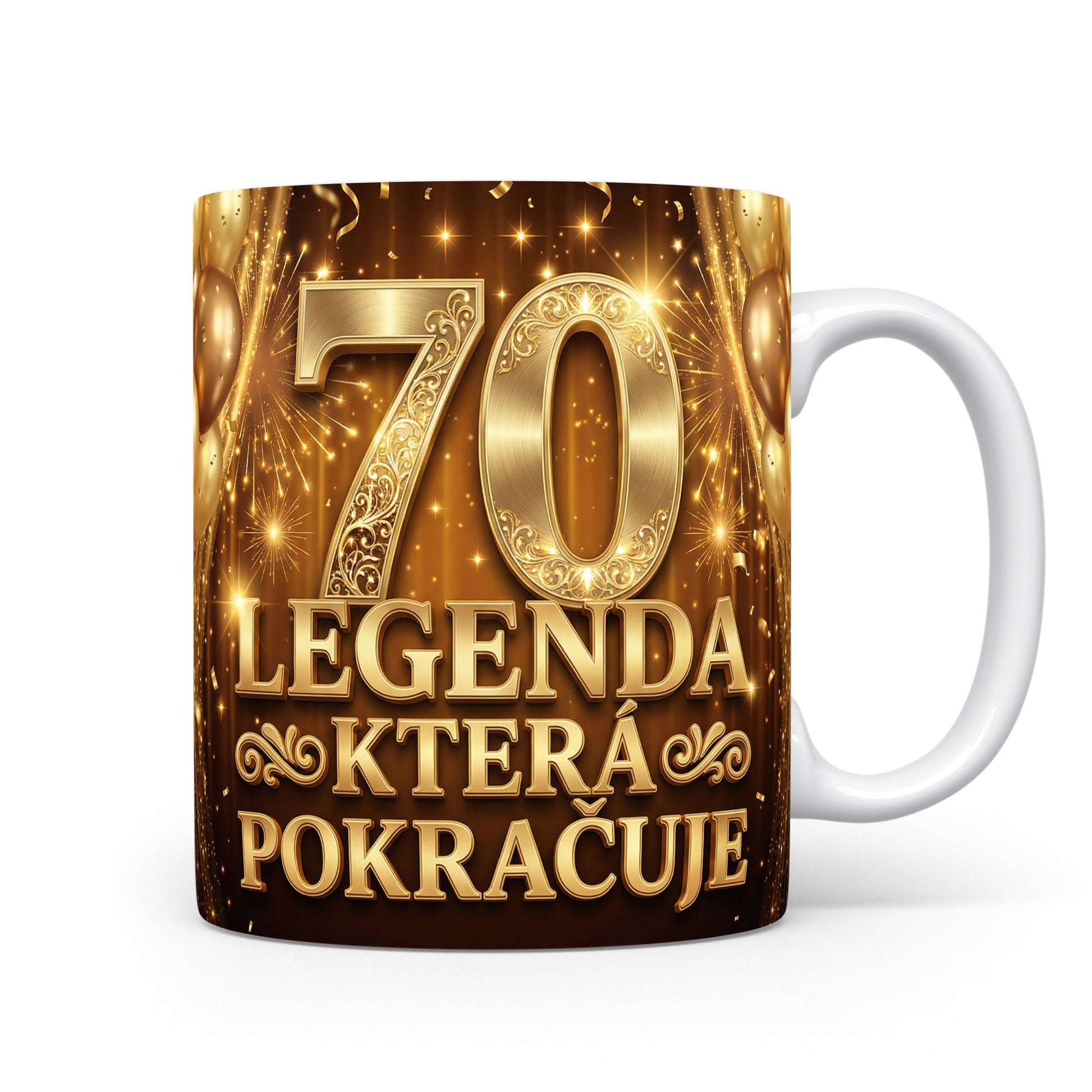 Hnědý hrnek s nápisem LEGENDA KTERÁ POKRAČUJE