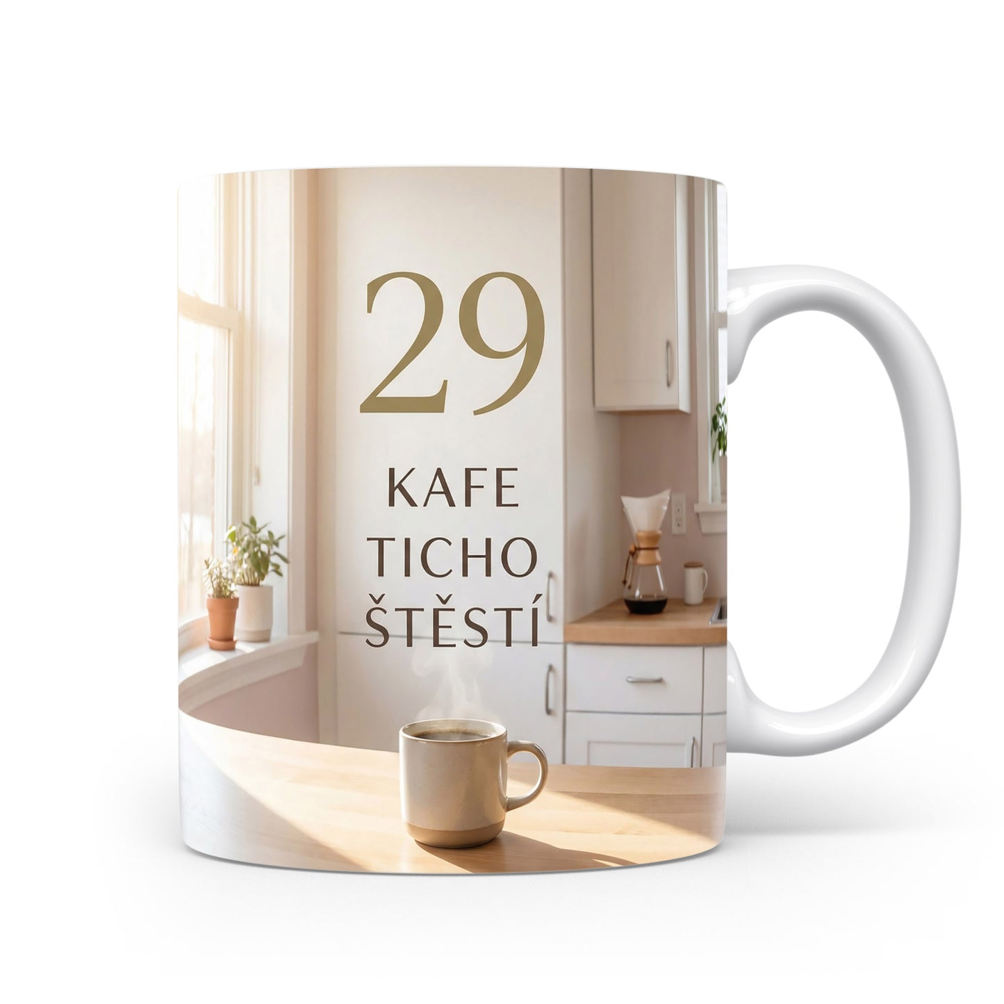 Narozeninový hrnek s číslem 29 a nápisem KAFE TICHO ŠTĚSTÍ