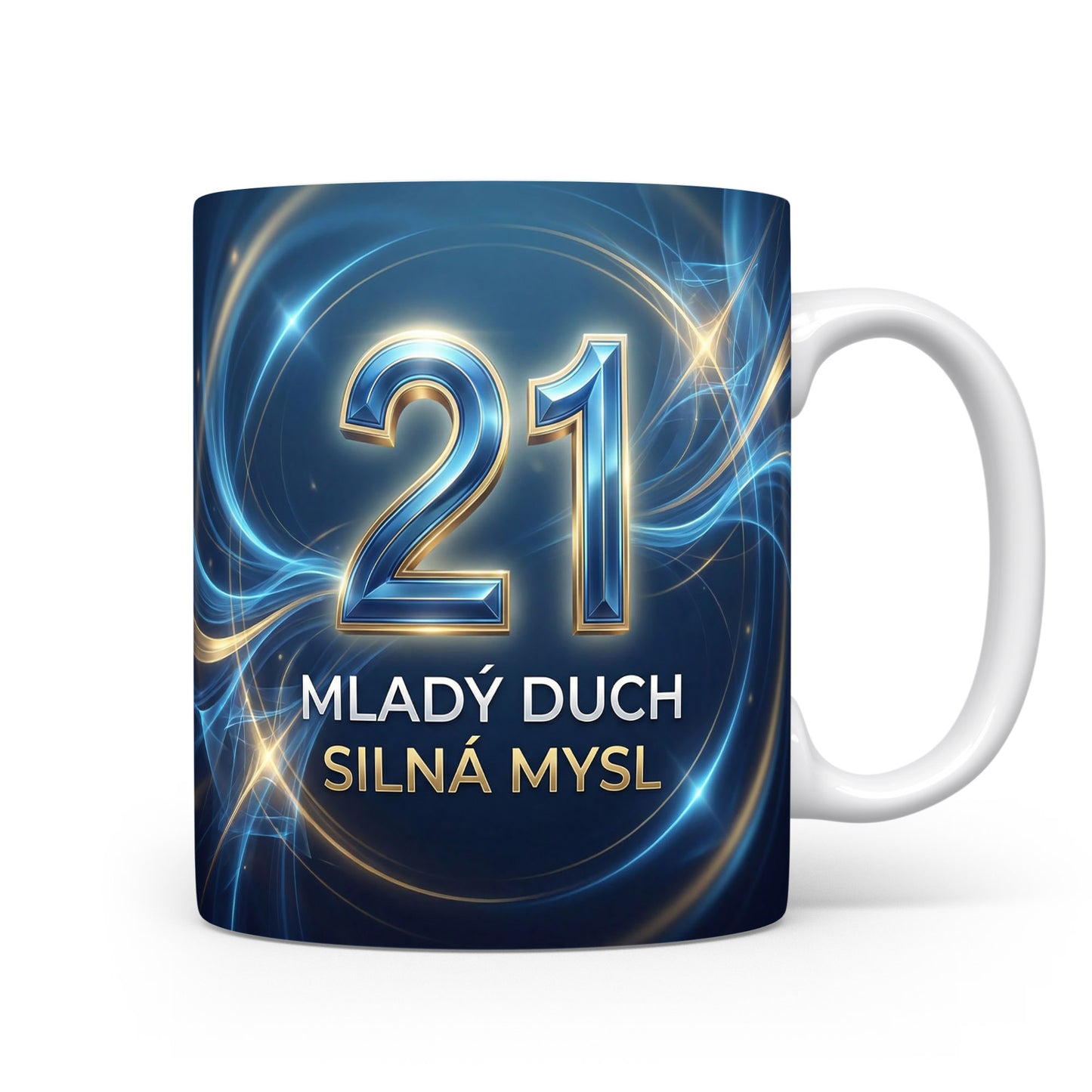 Narozeninový hrnek s číslem 21 a nápisem MLADÝ DUCH SILNÁ MYSL