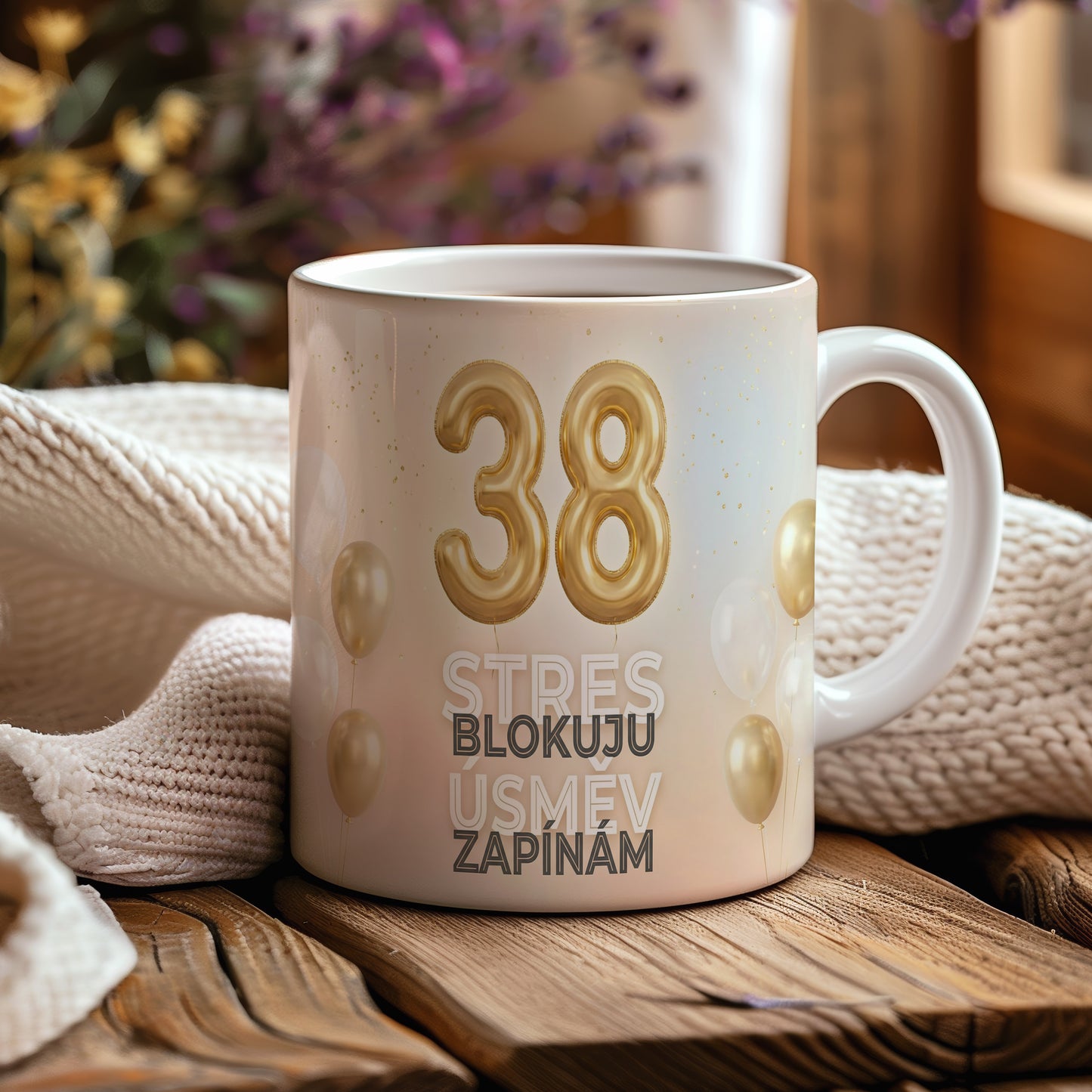 Narozeninový hrnek 38 let – STRES BLOKUJU, USMĚV ZAPÍNÁM