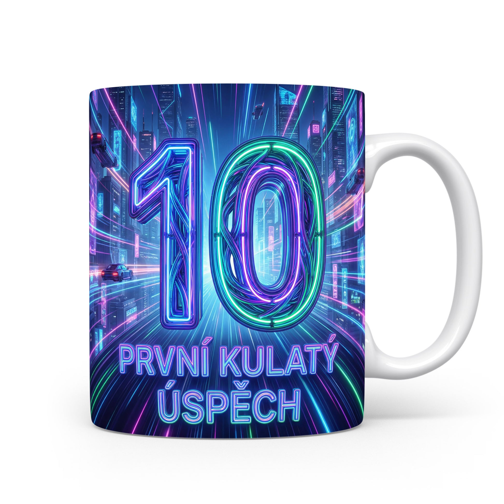 Hrnček s nápisem PRVNÍ KULATÝ ÚSPĚCH