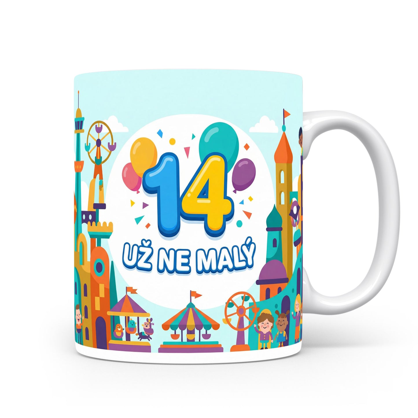 Hrnček s číslem 14 a nápisem 'UŽ NE MALÝ'.