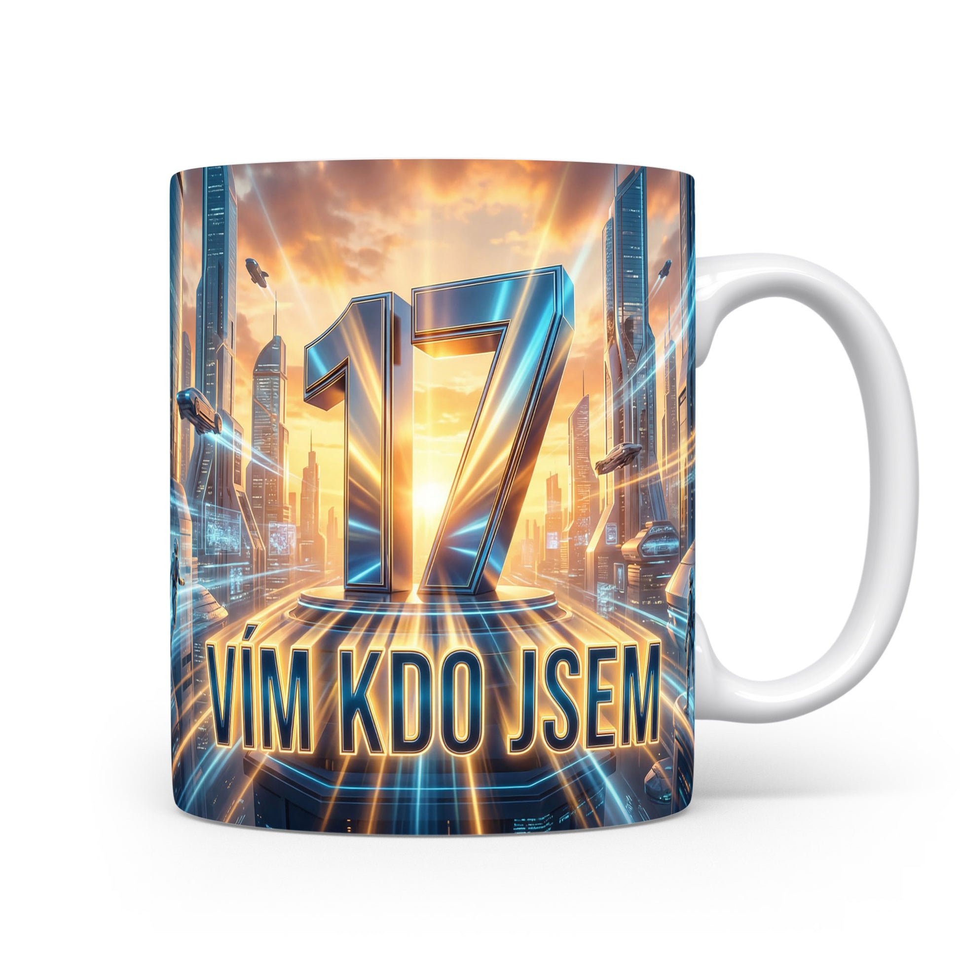 Hrnček s číslem 17 a nápisem VÍM KDO JSEM