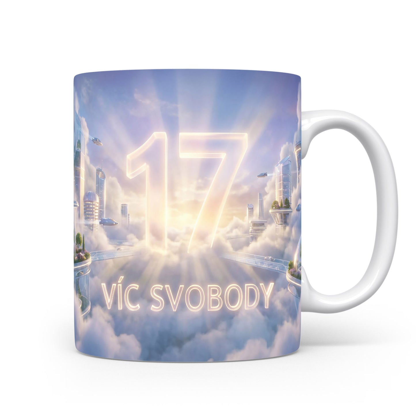 Hrnček s číslem 17 a sloganem VÍC SVOBODY