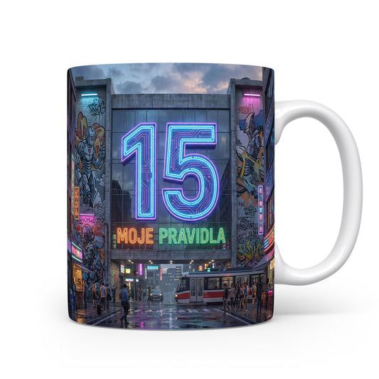 Narozeninový hrnek s číslem 15 a sloganem MOJE PRAVIDLA