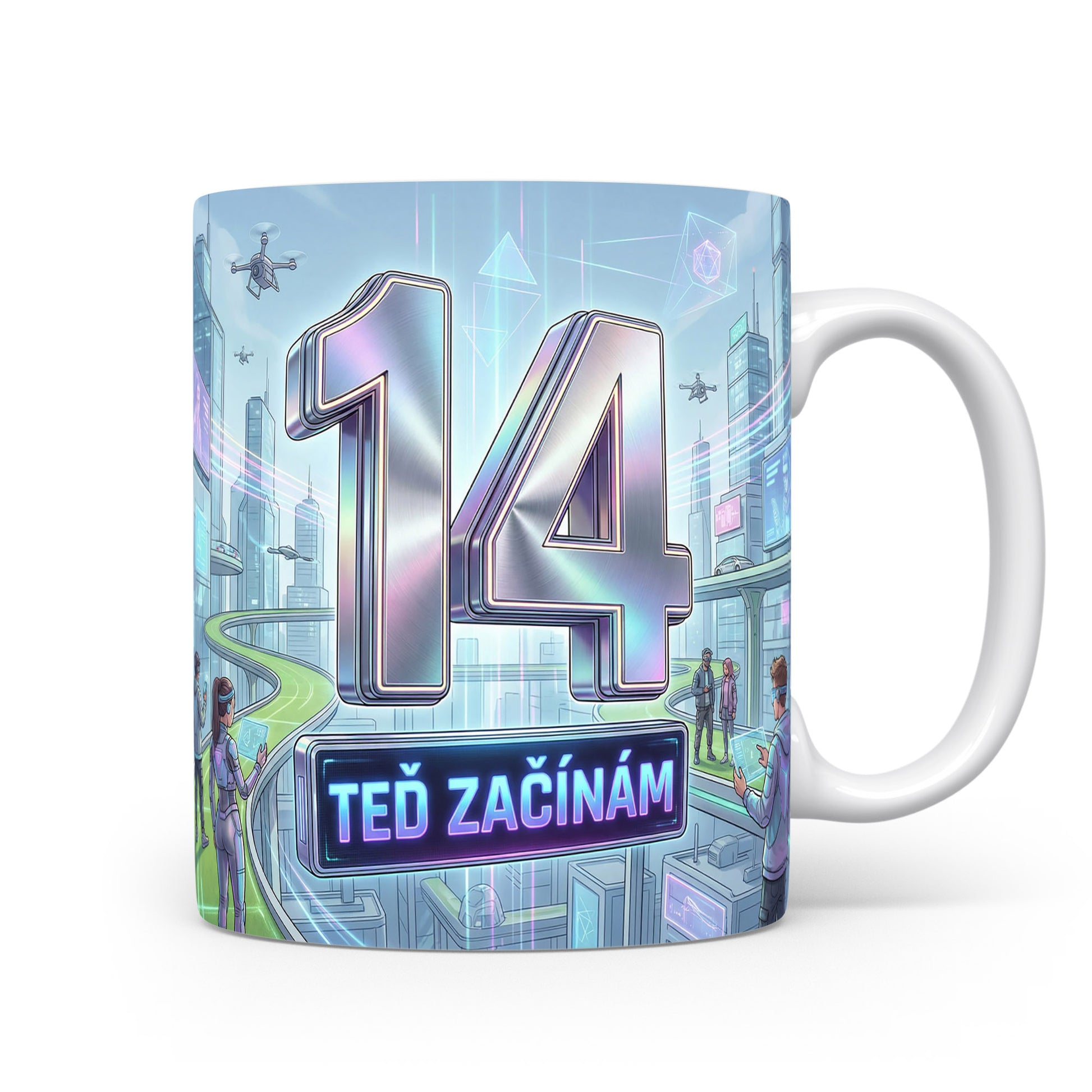 Hrnček s číslem 14 a nápisem TEĎ ZAČÍNÁM