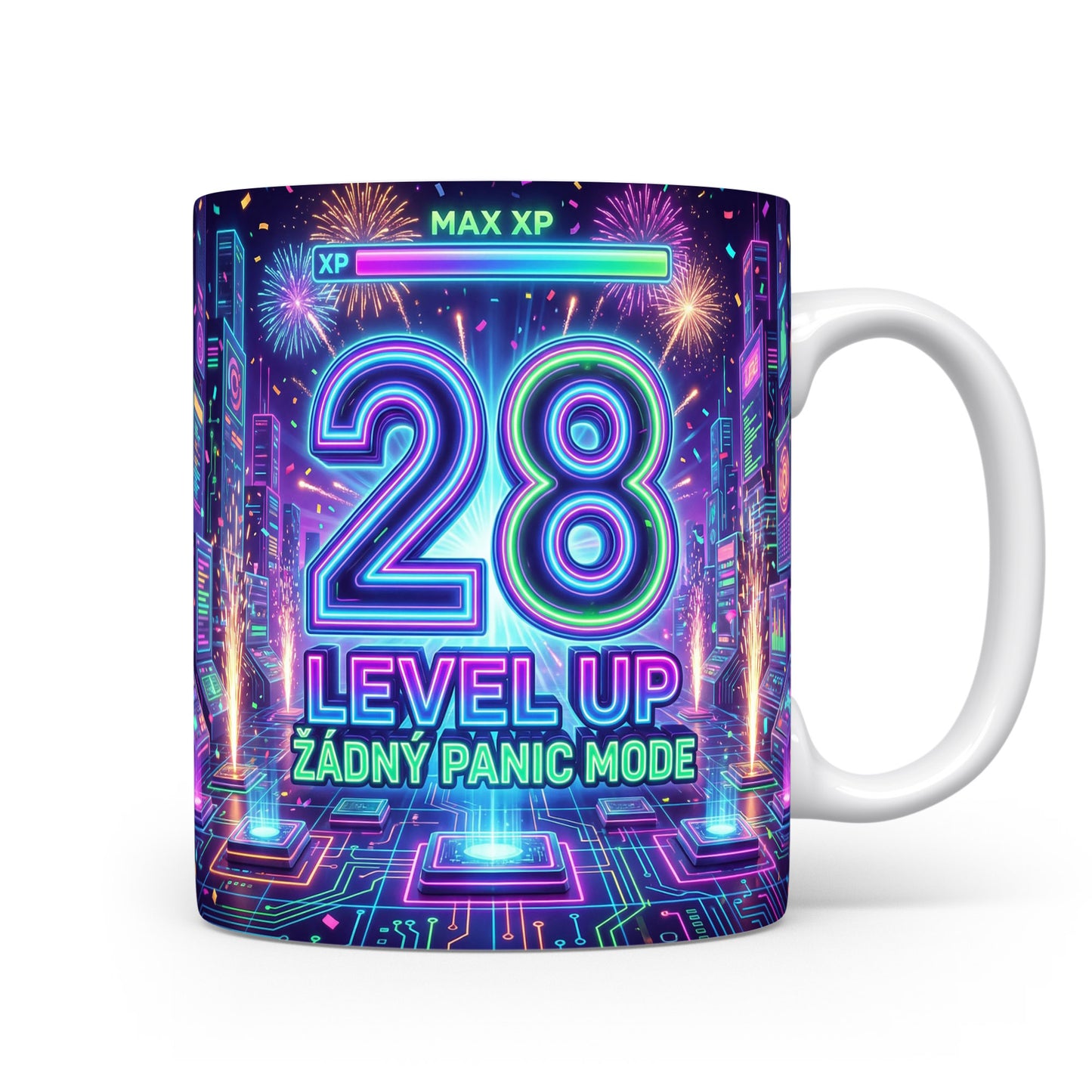 Narozeninový hrnek s nápisem LEVEL UP ŽÁDNÝ PANIC MODE
