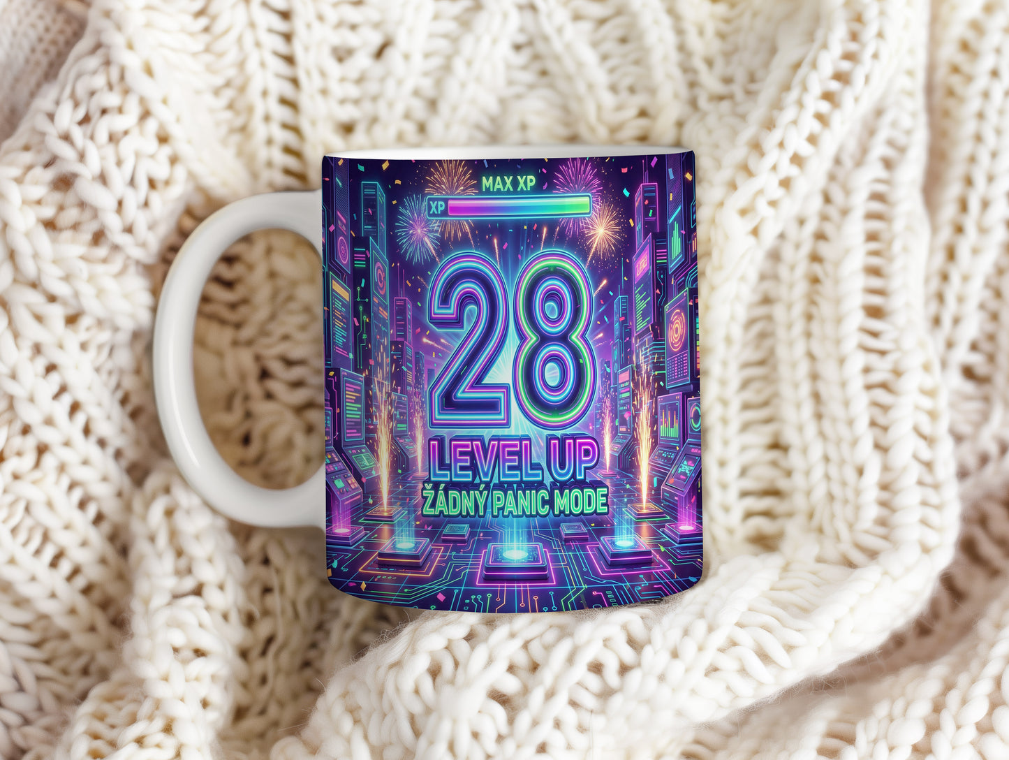 Narozeninový hrnek 28 let – LEVEL UP ŽÁDNÝ PANIC MODE