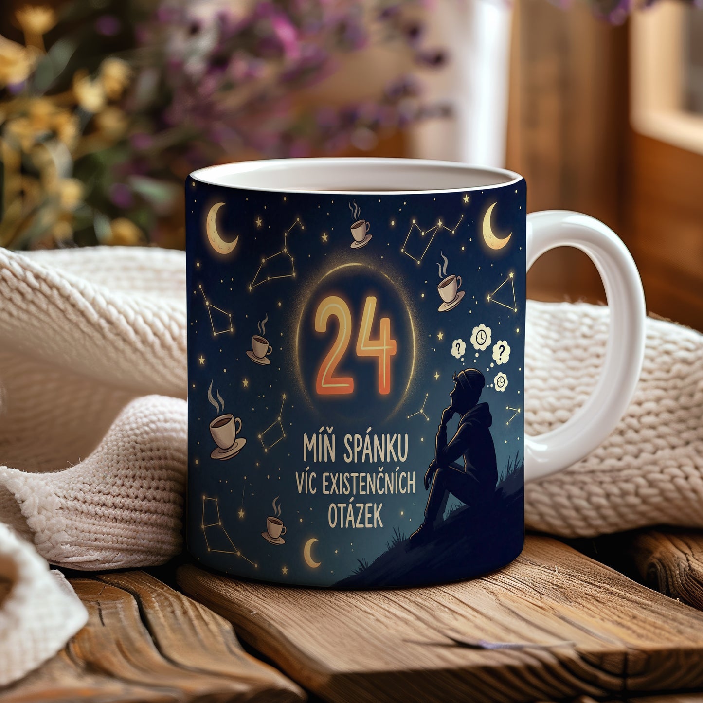 Narozeninový hrnek 24 let – MÍŇ SPÁNKU VÍC EXISTENČNÍCH OTÁZEK