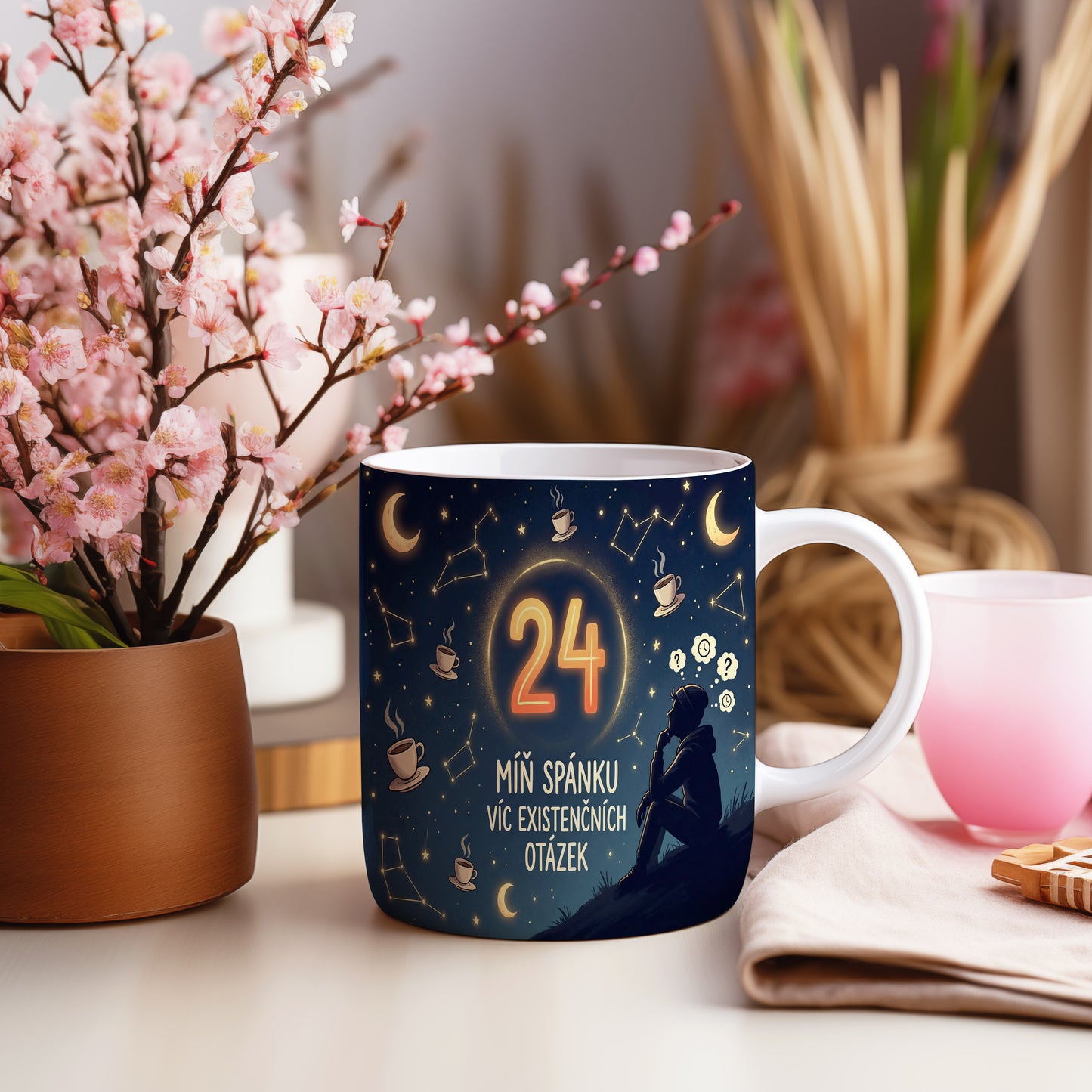 Narozeninový hrnek 24 let – MÍŇ SPÁNKU VÍC EXISTENČNÍCH OTÁZEK