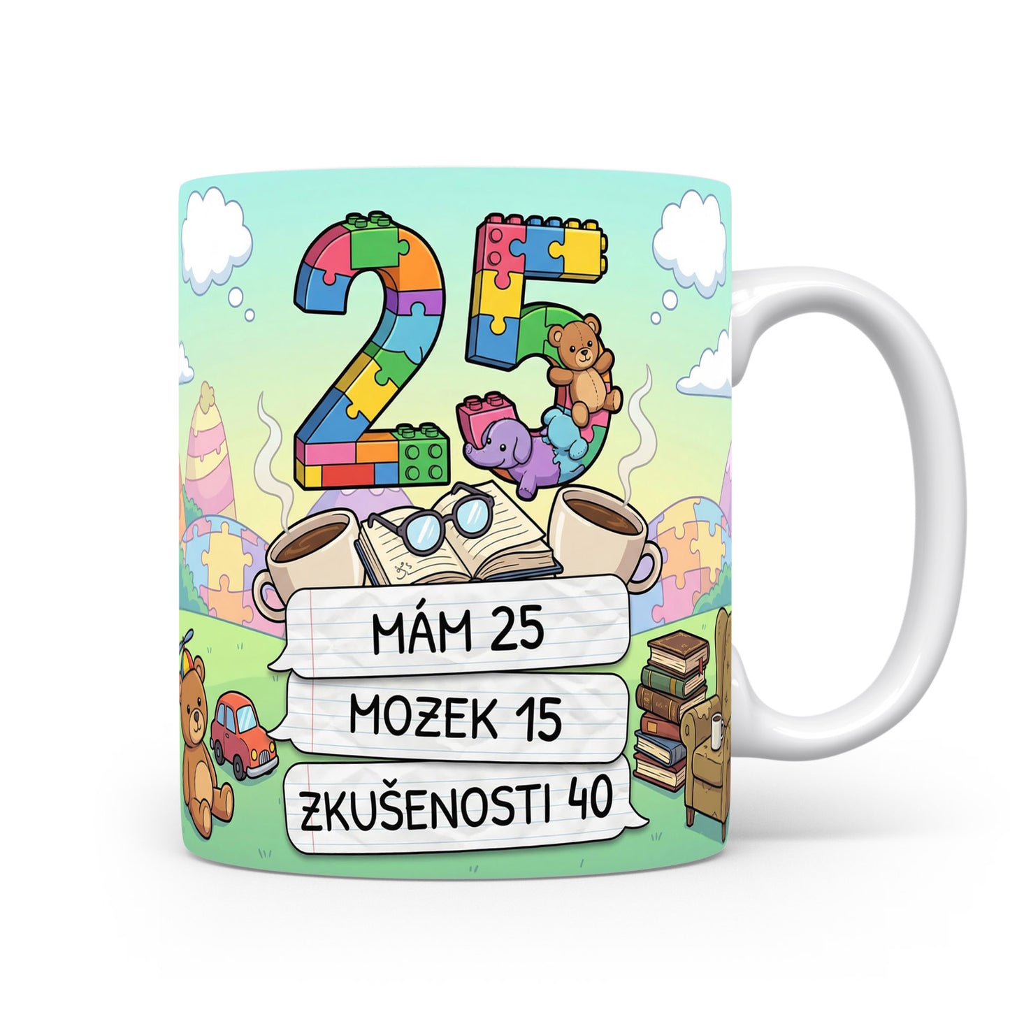 Narozeninový hrnek s číslem 25 a vtipným textem.