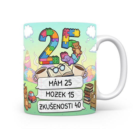 Narozeninový hrnek s číslem 25 a vtipným textem.