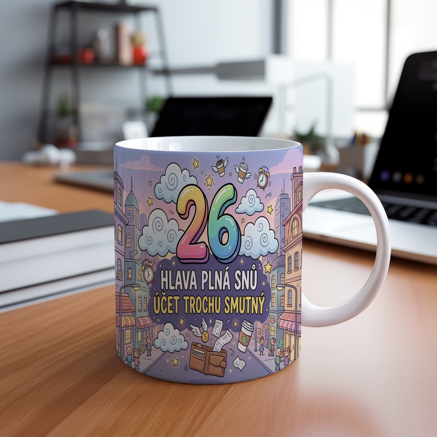 Narozeninový hrnek 26 let – HLAVA PLNÁ SNŮ ÚČET TROCHU SMUTNÝ