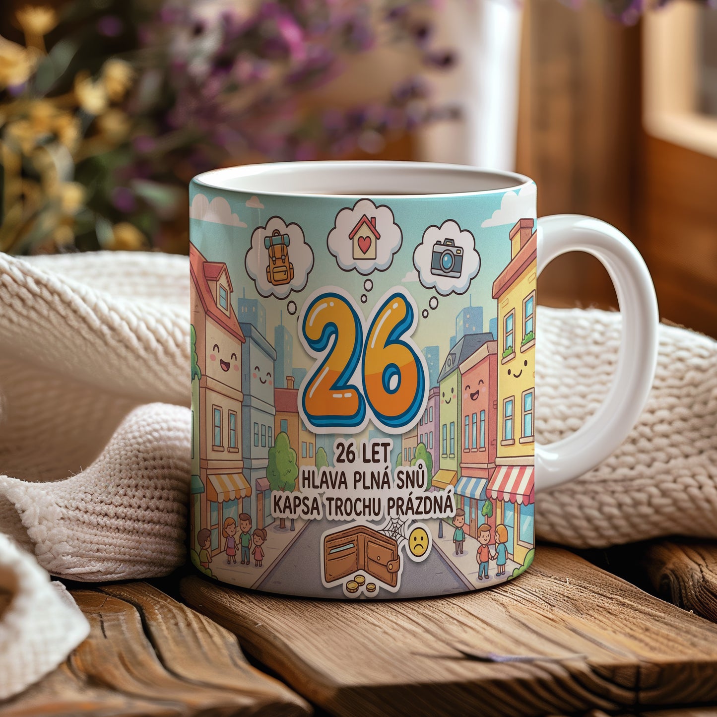 Narozeninový hrnek 26 let – 26 LET HLAVA PLNÁ SNŮ KAPSA TROCHU PRÁZDNÁ
