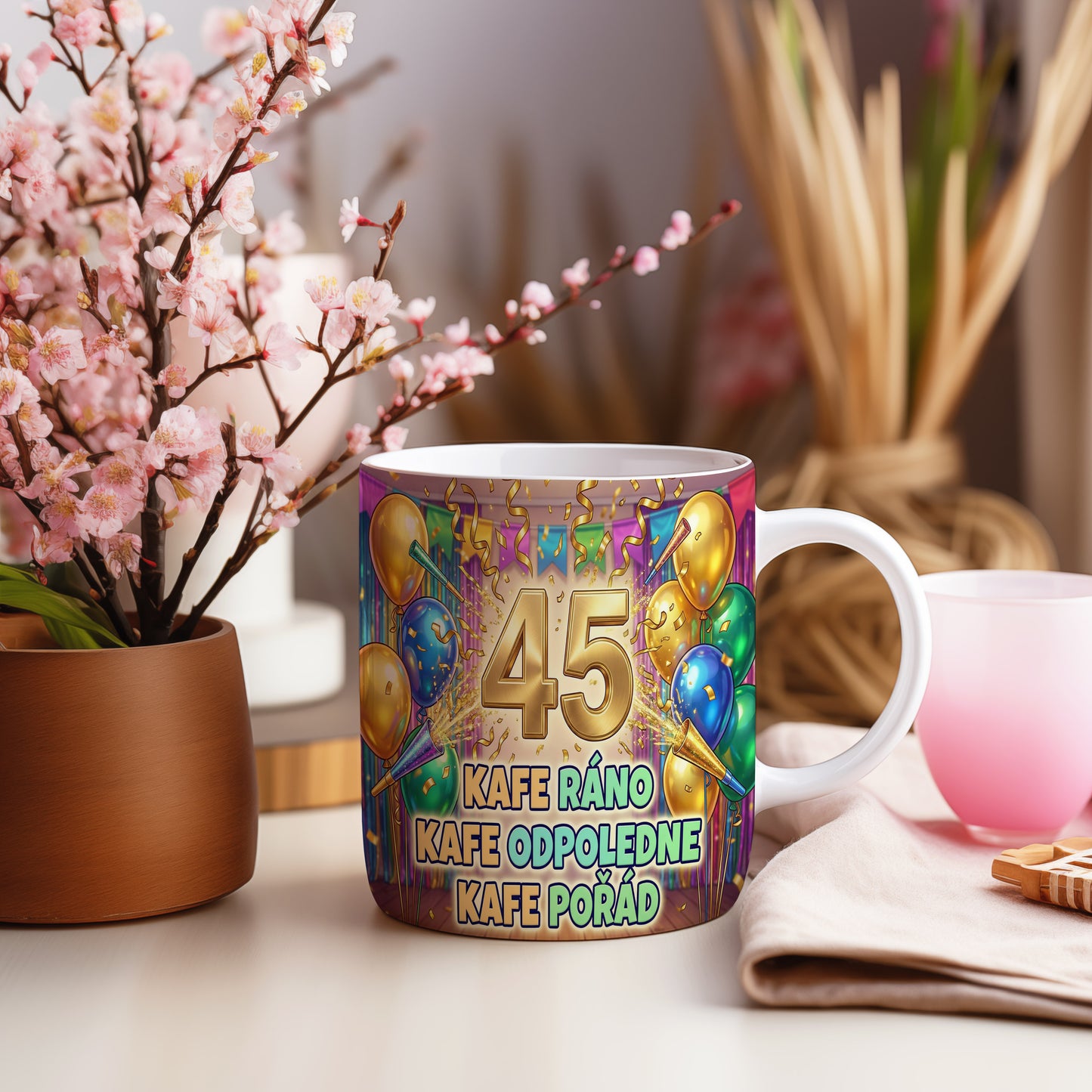 Narozeninový hrnek 45 let – KAFE RÁNO KAFE ODPOLEDNE KAFE POŘÁD
