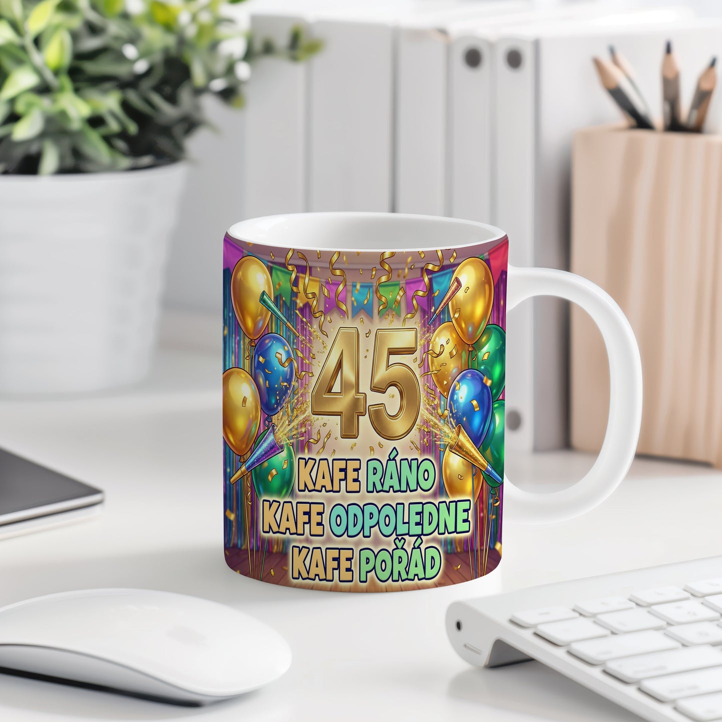 Narozeninový hrnek 45 let – KAFE RÁNO KAFE ODPOLEDNE KAFE POŘÁD