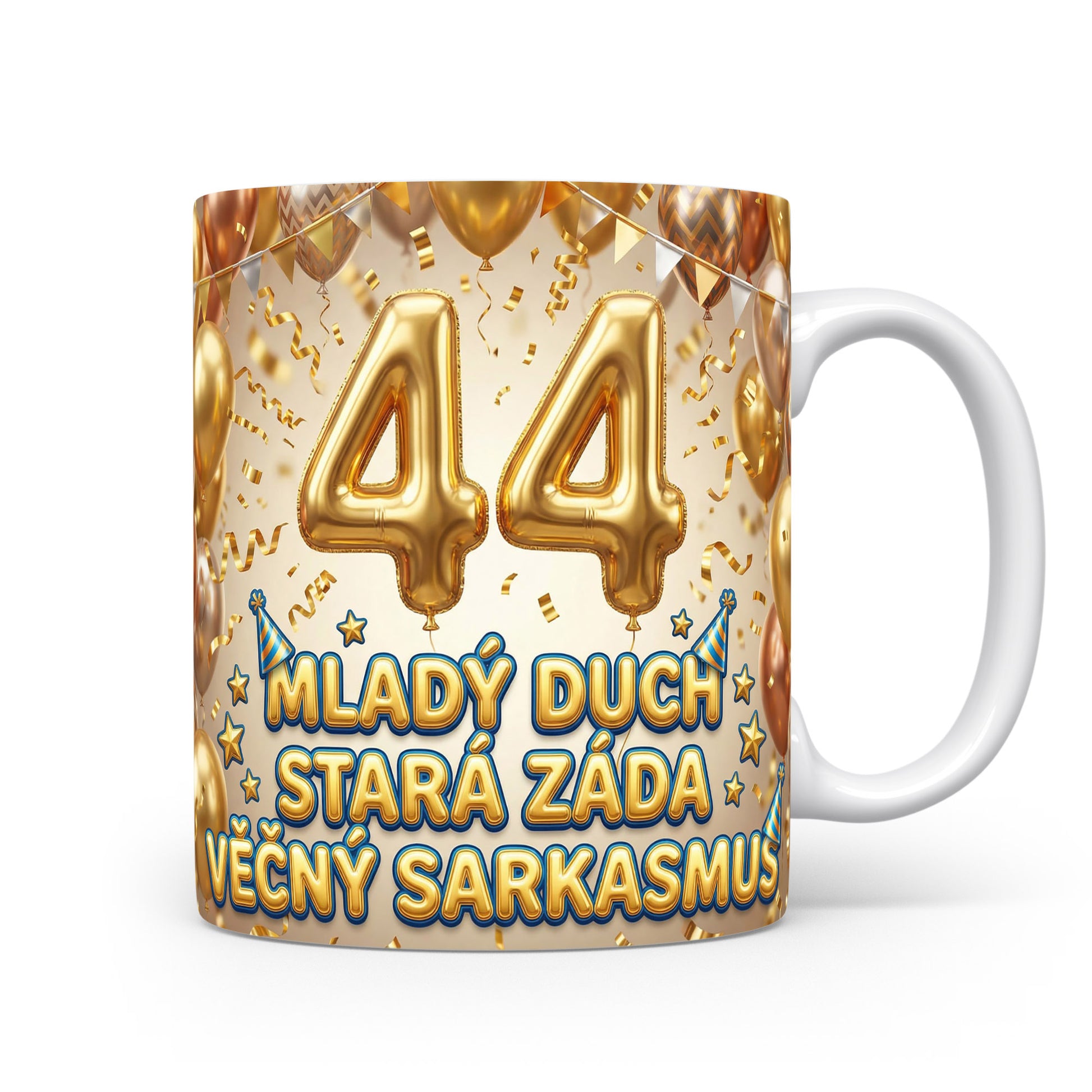 Narozeninový hrnek s číslem 44 a vtipným sloganem