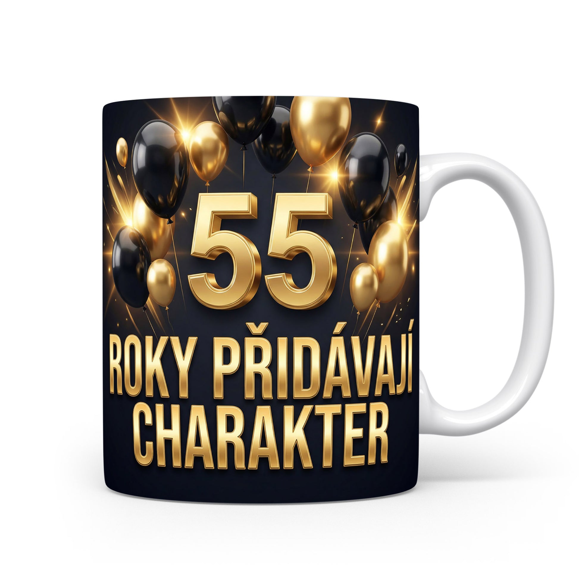 Narozeninový hrnek s číslem 55 a nápisem 'ROKY PŘIDÁVAJÍ CHARAKTER'.