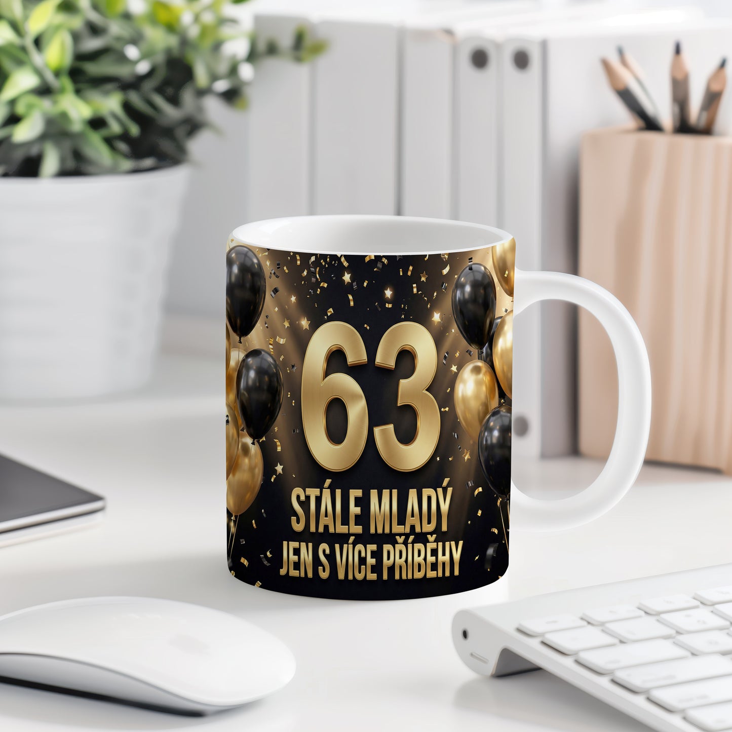 Narozeninový hrnek 63 let – STÁLE MLADÝ JEN S VÍCE PŘÍBĚHY