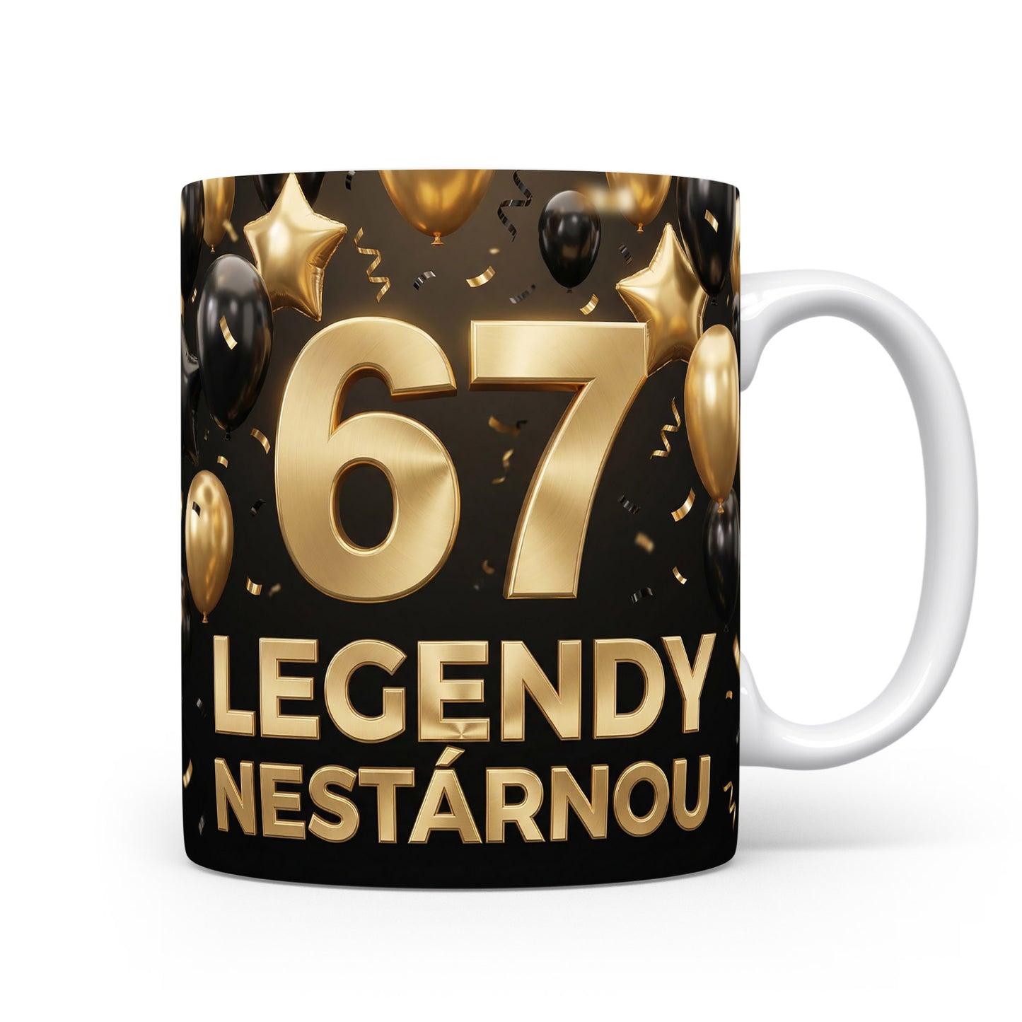 Narozeninový hrnek s číslem 67 a nápisem LEGENDY NESTÁRNOU