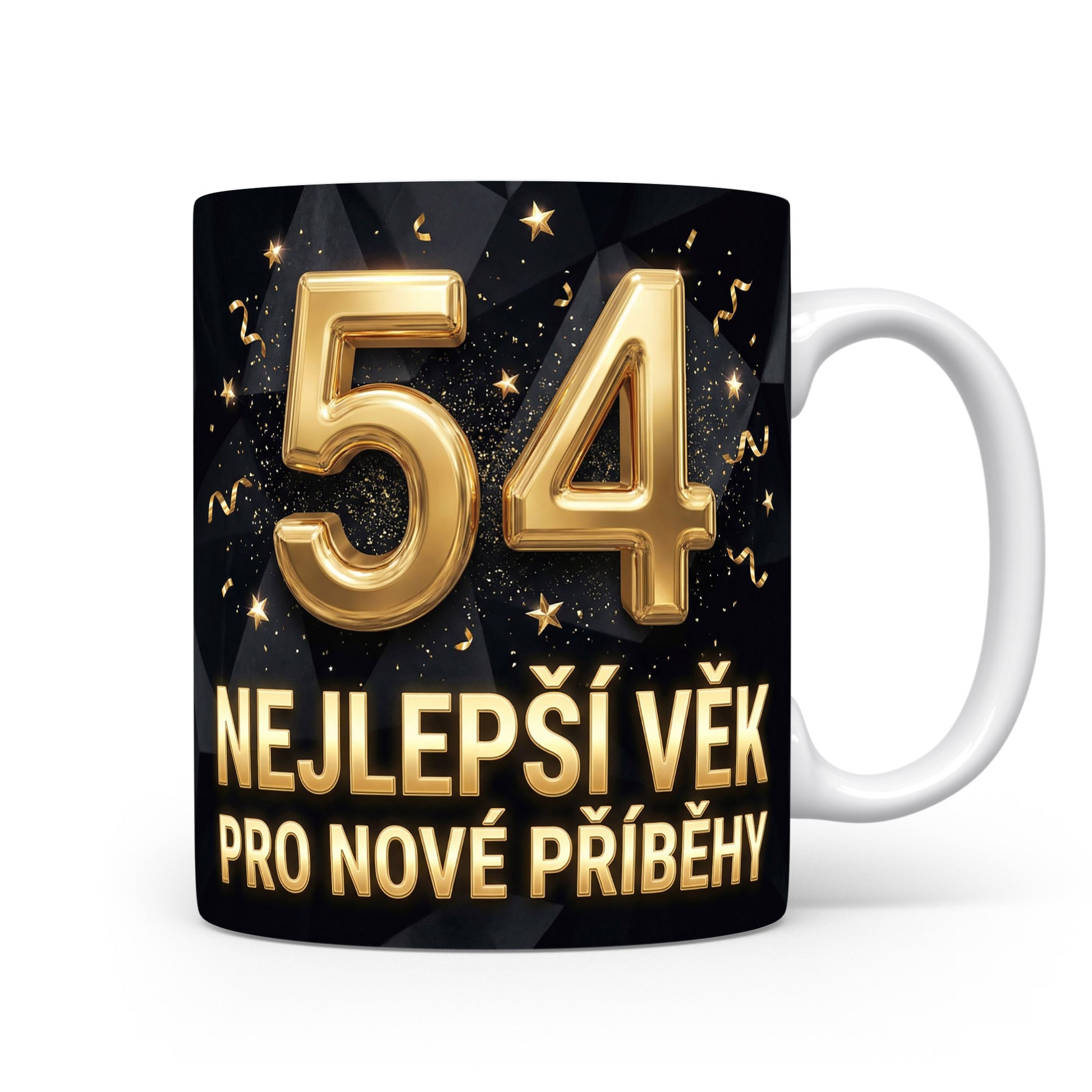 Hrnček s číslem 54 a nápisem NEJLEPŠÍ VĚK PRO NOVÉ PŘÍBĚHY
