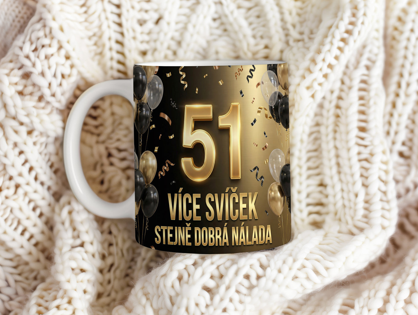 Narozeninový hrnek 51 let – VÍCE SVÍČEK STEJNĚ DOBRÁ NÁLADA