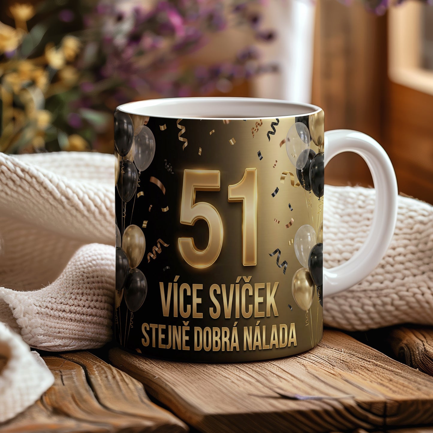 Narozeninový hrnek 51 let – VÍCE SVÍČEK STEJNĚ DOBRÁ NÁLADA