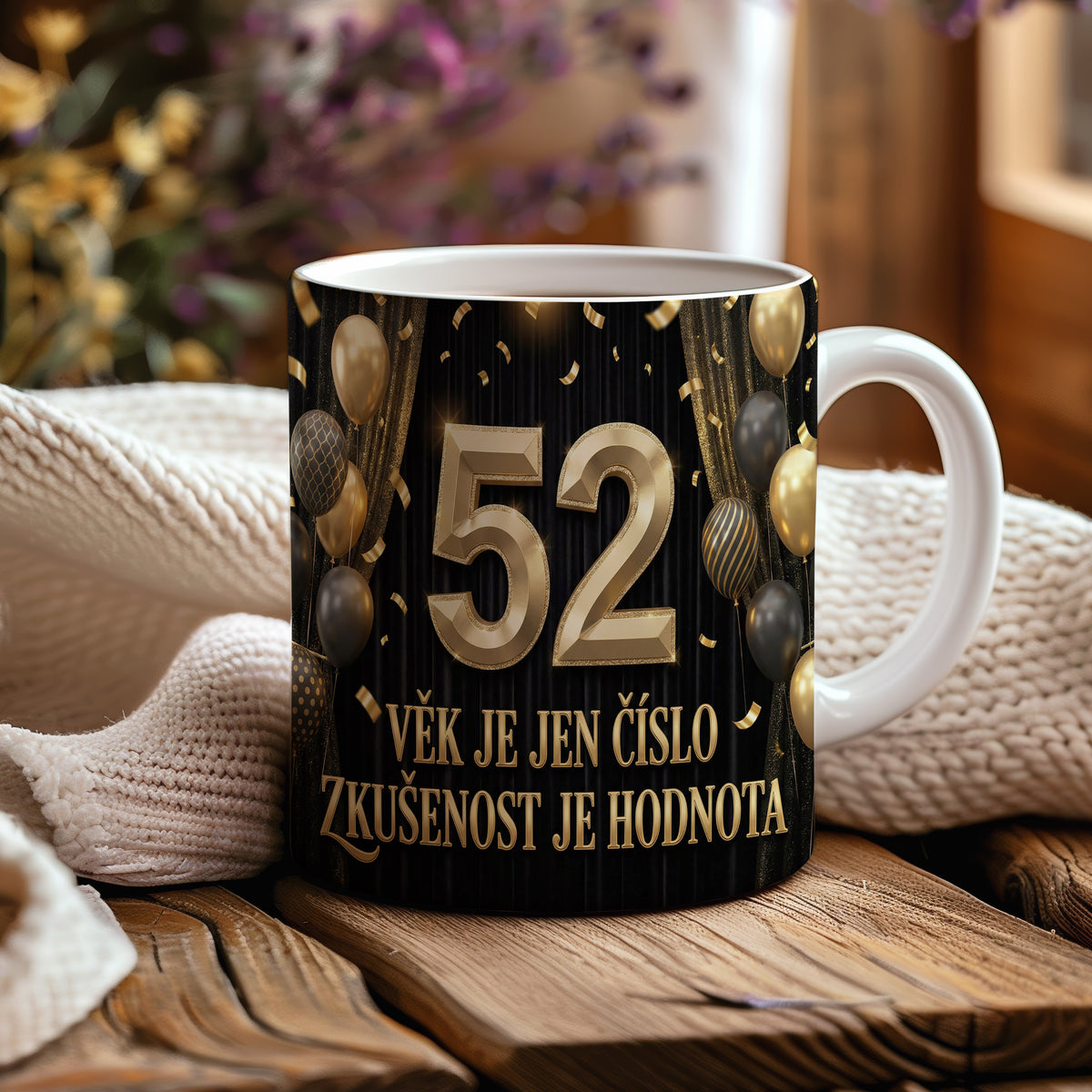 Narozeninový hrnek 52 let – VĚK JE JEN ČÍSLO ZKUŠENOST JE HODNOTA
