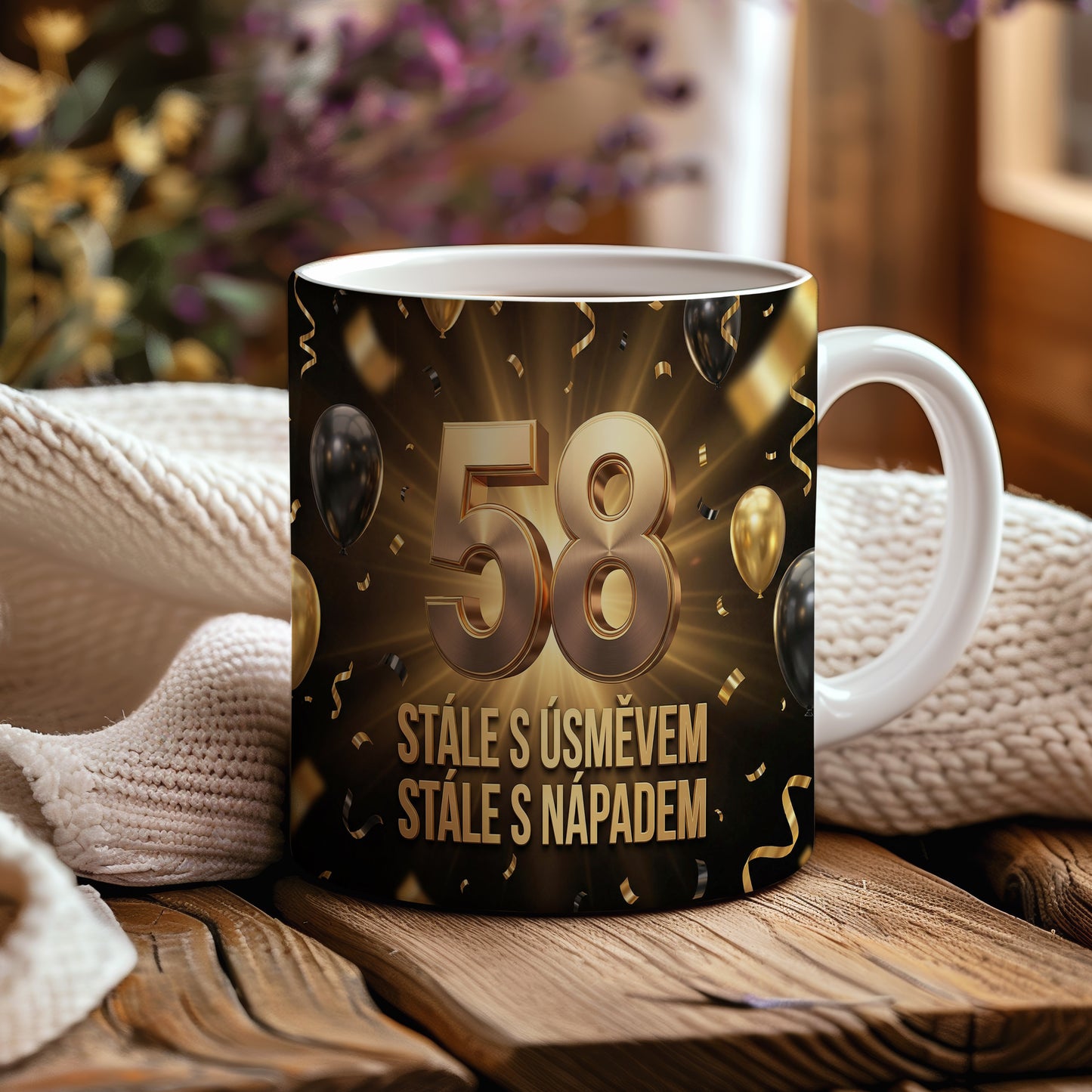 Narozeninový hrnek 58 let – STÁLE S ÚSMĚVEM STÁLE S NÁPADEM