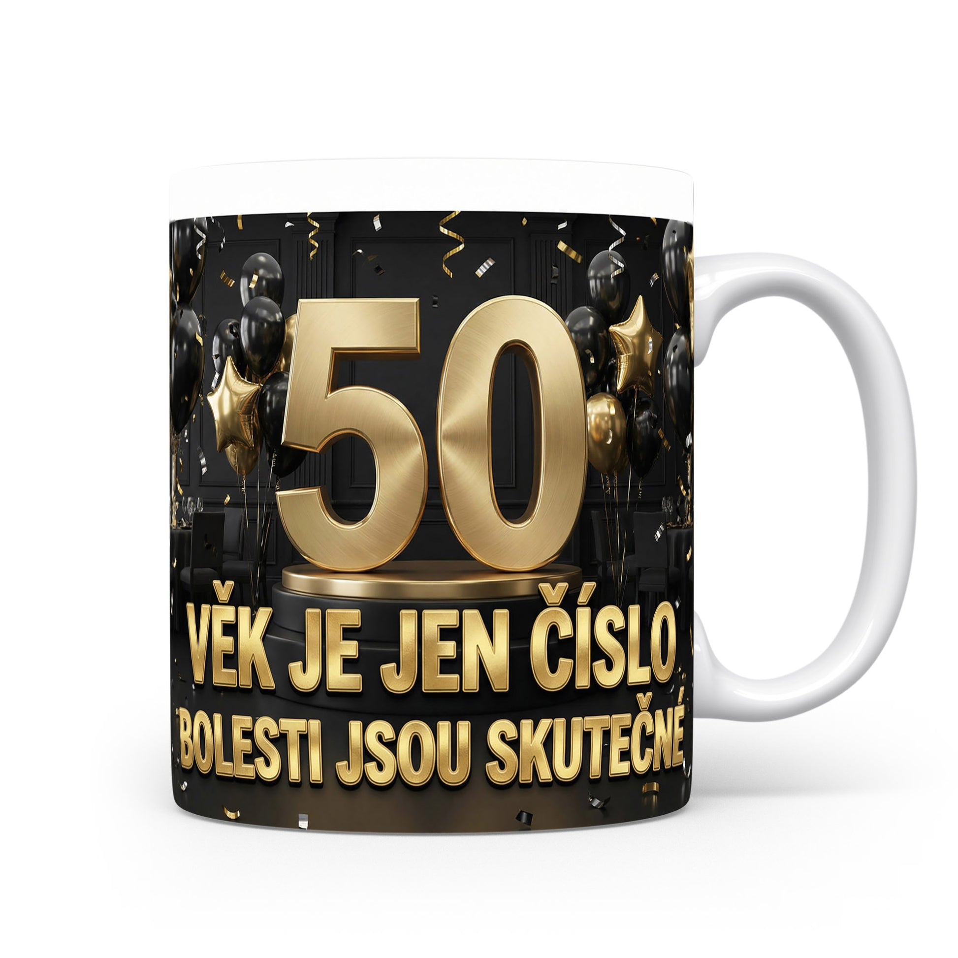 Hrnček s číslem 50 a vtipným textem